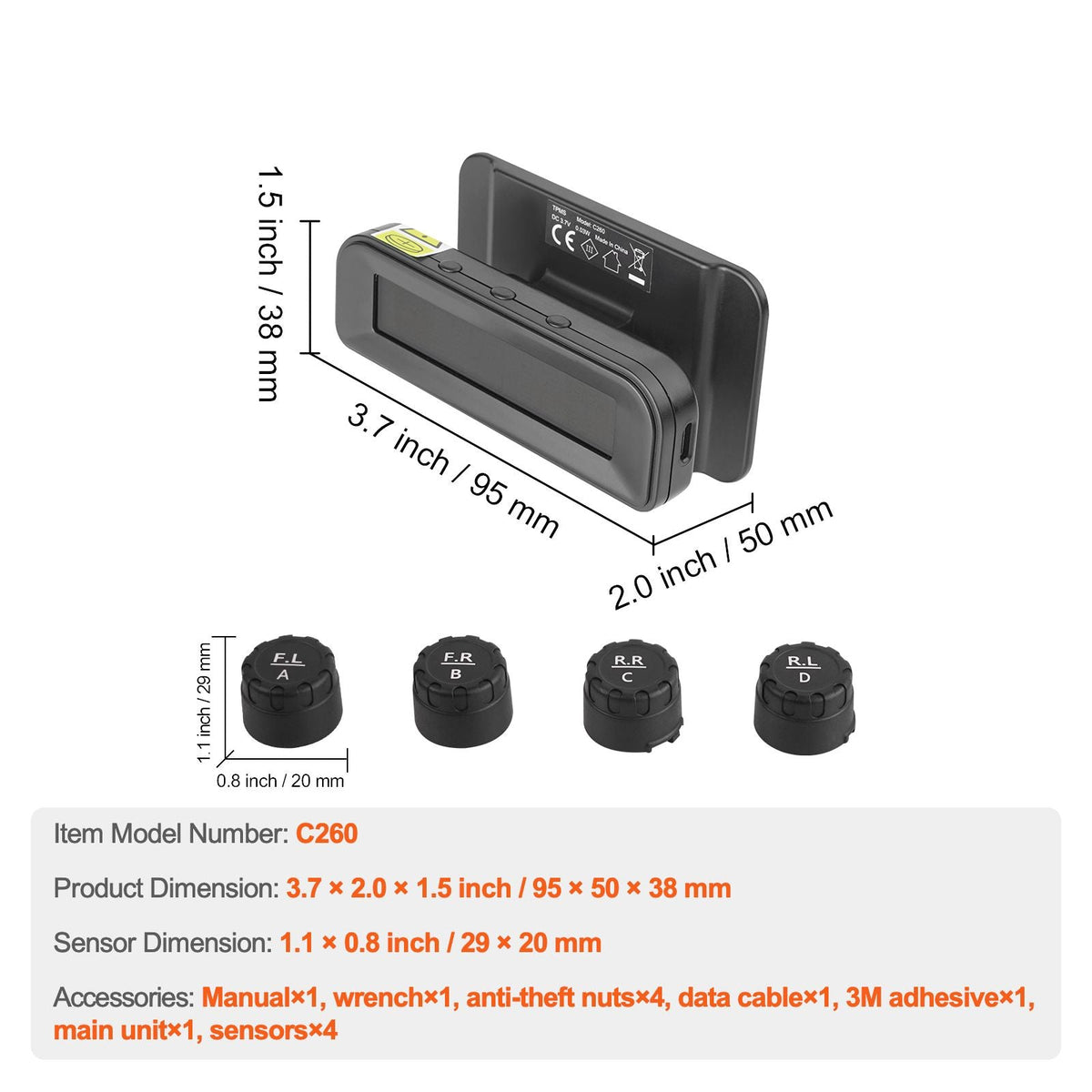 RV Tire Pressure Monitoring System, 7.3-87 PSI Trailer TPMS, Universal Wireless Car Alarm System, Waterproof TPMS Sensors Set with Solar Charge, 4 Sensors, 5 Alarm Modes, and Real-time Display