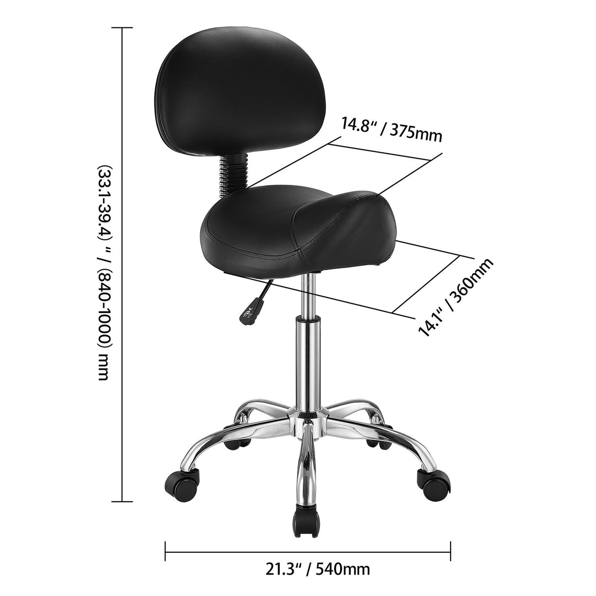 Saddle Stool with Back Support and Wheels, 450 LBS Weight Capacity Ergonomic Rolling Stool, Height Adjustable Thickened PU Leather Swivel Saddle Chair for Salon, Spa, Massage, Tattoo, Black