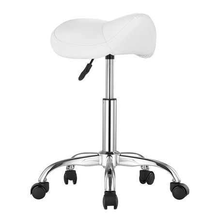 Saddle Stool with Wheels, 450 LBS Weight Capacity Ergonomic Rolling Stool, Height Adjustable Thickened PU Leather Swivel Saddle Chair for Salon, Spa, Massage, Tattoo, Clinic, White