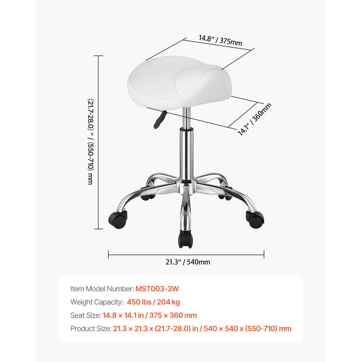 Saddle Stool with Wheels, 450 LBS Weight Capacity Ergonomic Rolling Stool, Height Adjustable Thickened PU Leather Swivel Saddle Chair for Salon, Spa, Massage, Tattoo, Clinic, White