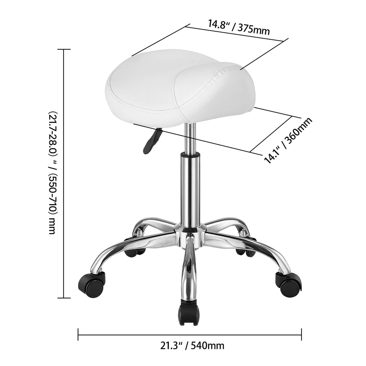 Saddle Stool with Wheels, 450 LBS Weight Capacity Ergonomic Rolling Stool, Height Adjustable Thickened PU Leather Swivel Saddle Chair for Salon, Spa, Massage, Tattoo, Clinic, White