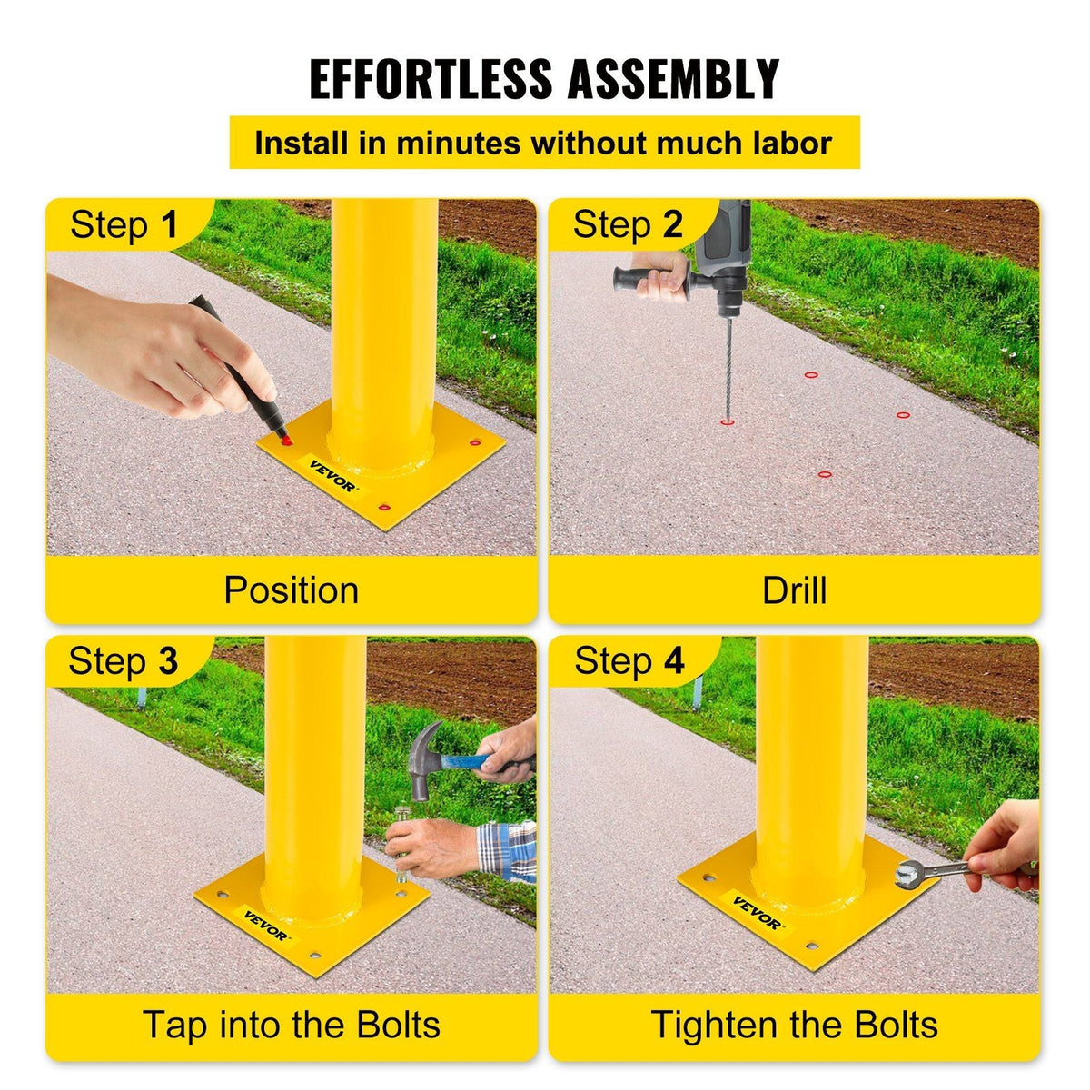 Safety Bollard, 48 Inch Height Bollard Post, 5.5 Inch Diameter Steel Pipe Safety Bollard Post, Yellow Steel Bollard, Steel Safety Bollard with 8 Anchor Bolts, Perfect for Traffic-Sensitive Area