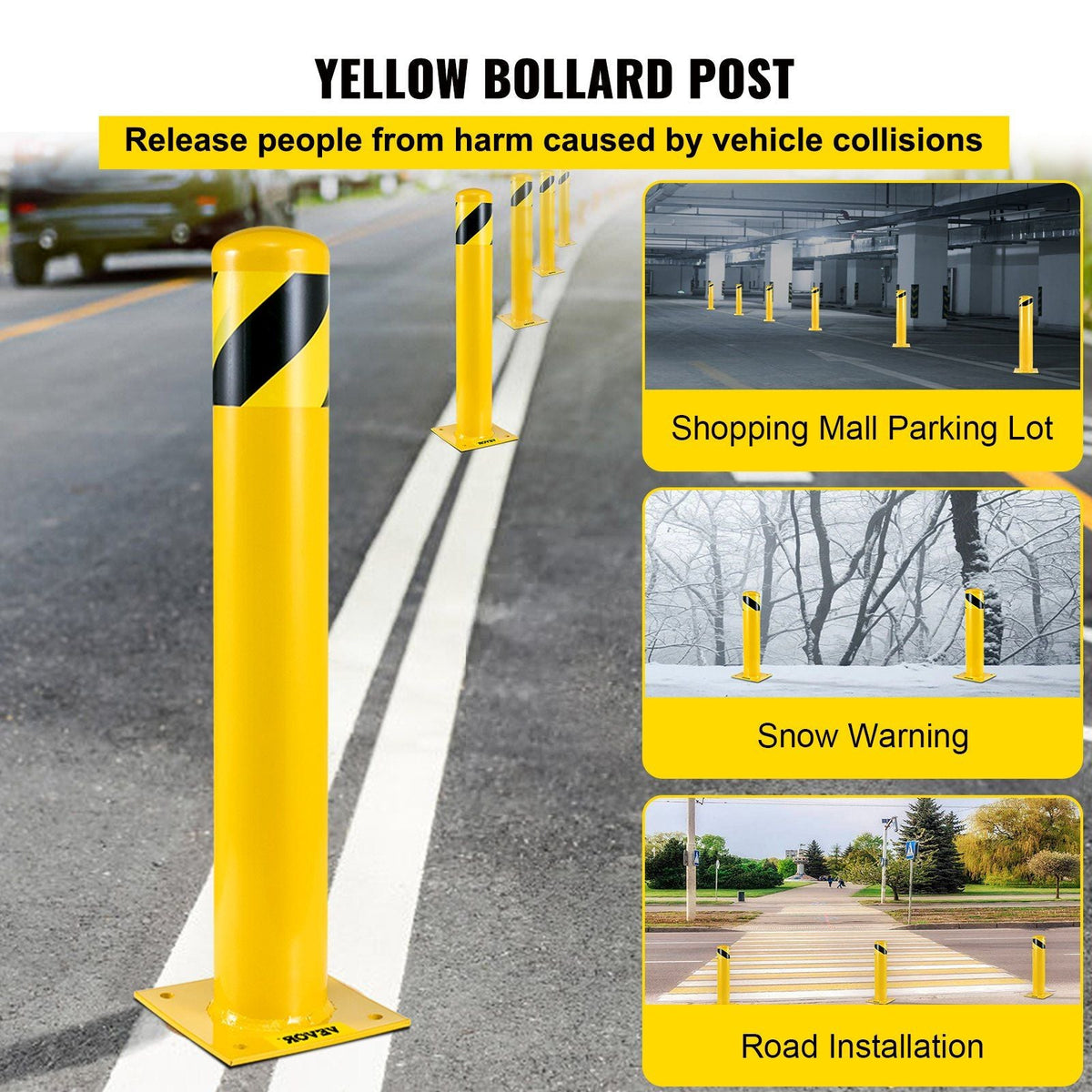 Safety Bollard, 48 Inch Height Bollard Post, 5.5 Inch Diameter Steel Pipe Safety Bollard Post, Yellow Steel Bollard, Steel Safety Bollard with 8 Anchor Bolts, Perfect for Traffic-Sensitive Area