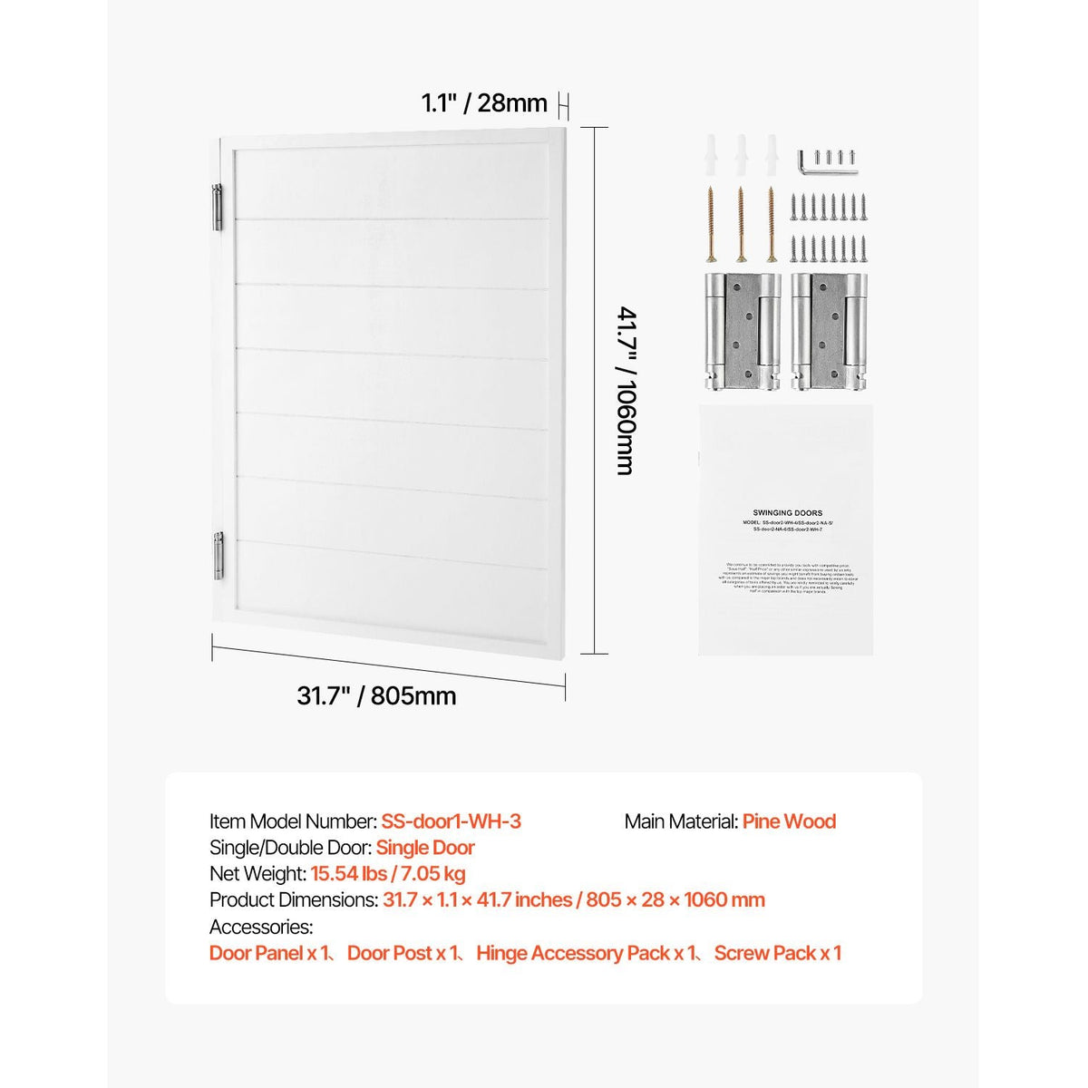 Saloon Doors, 32"W x 42" H Single Swinging Cafe Interior Doors, Square Design Premium Pine Wood, with Hinges & Hardware Kit, Easy to Install, for Hallway Kitchen Bar Pub Entrance, White
