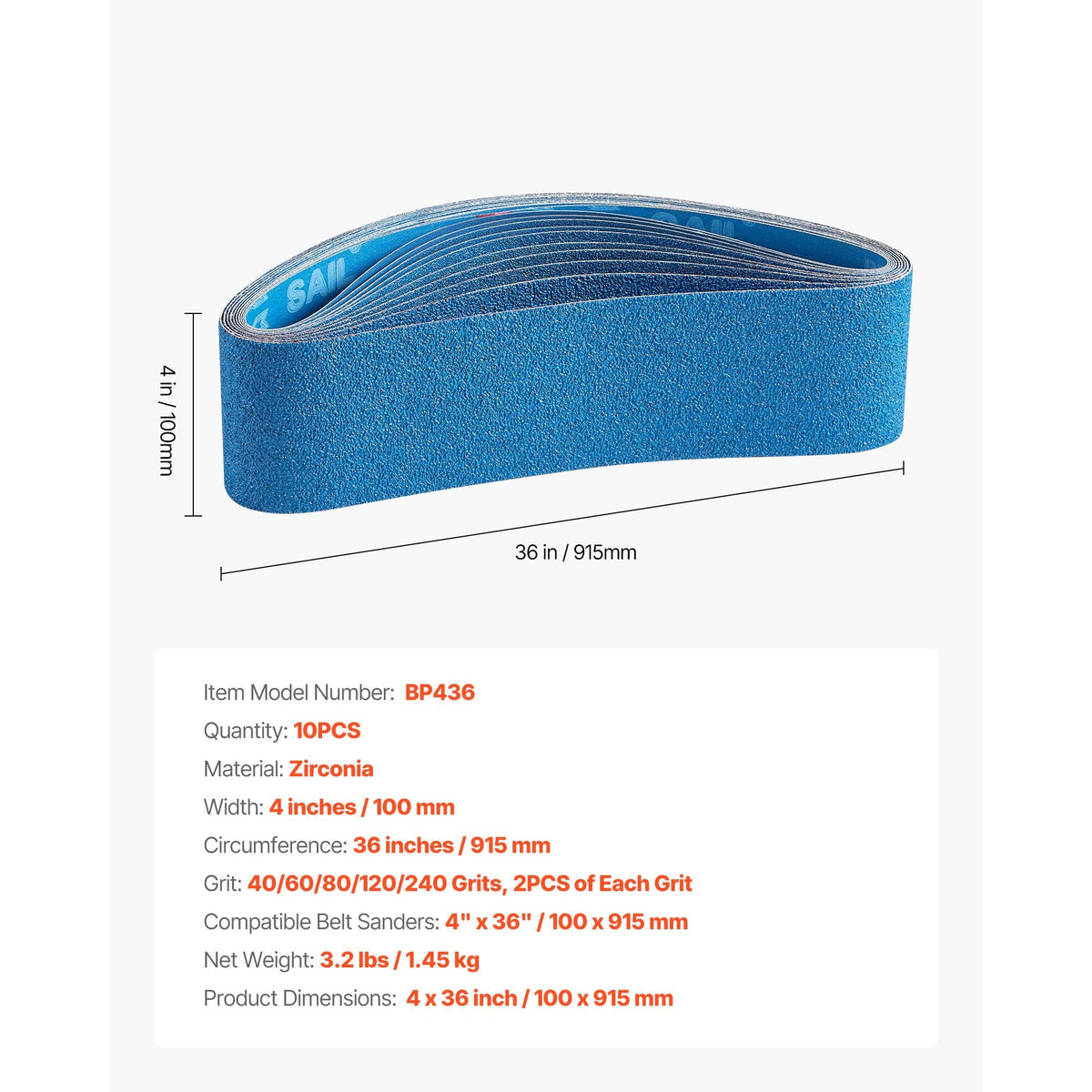 Sanding Belts, 4 x 36-inch Belt Sander Sanding Belts, 10PCS (2 of Each 40 60 80 120 240 Grits) Zirconia for Knife Sharpening, Metal Polishing, Stainless Steel, Nickel Alloy Finishing