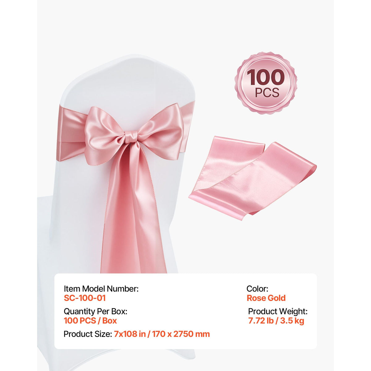 Satin Chair Sashes Bows, 100PCS Chair Ribbon Ties Back Sash, 7 x 108 inch, Rose Gold Wedding Reception Decoration, for Wedding Ceremony Baby Shower Party Events Banquet Chair Cover Decoration