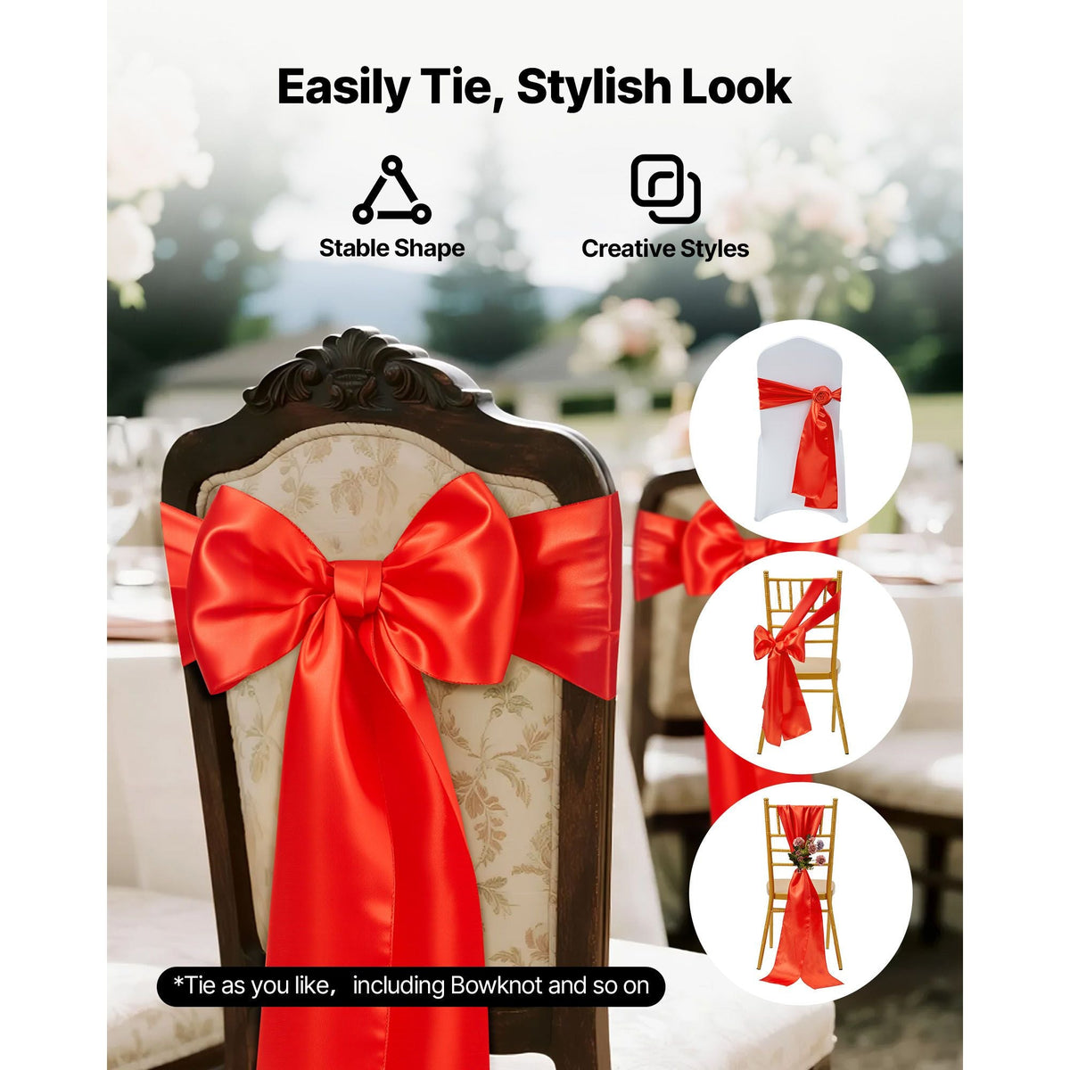 Satin Chair Sashes Bows, 50PCS Chair Ribbon Ties Back Sash, 7 x 108 inch, Red Wedding Reception Decoration, for Wedding Ceremony Baby Shower Party Events Banquet Chair Cover Decoration