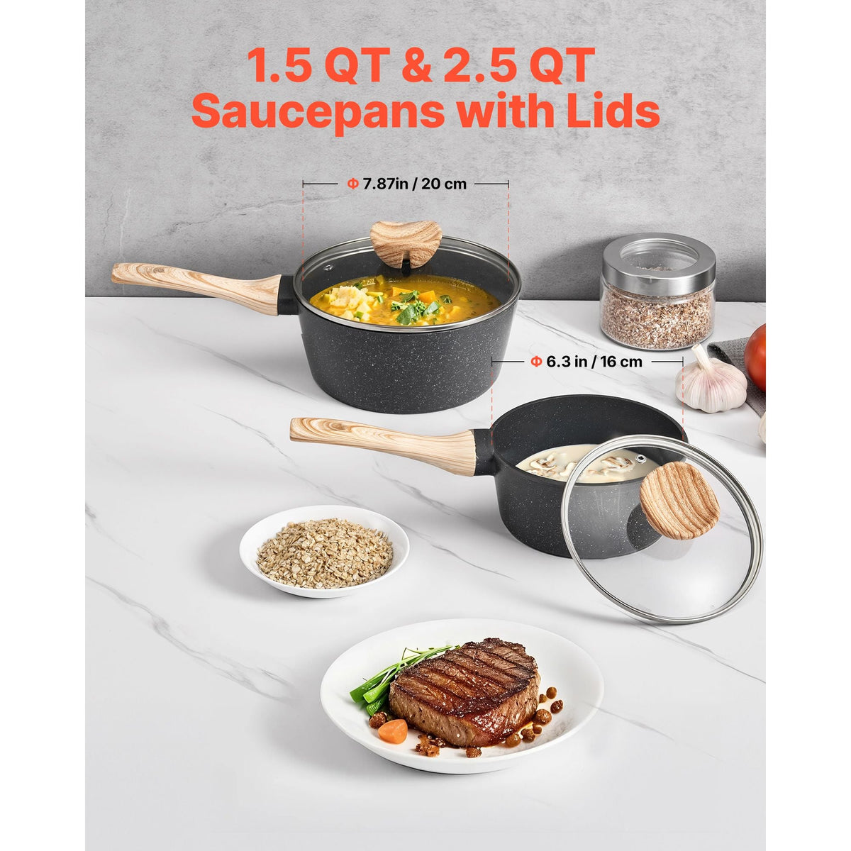Saucepan Set, 1.5 QT & 2.5 QT Nonstick Saucepan with Glass Lids, Multipurpose Cooking Sauce Pots with Detachable Handles, Sauce Pan Kitchen Cooking Pot with Coating, Induction Compatible, Black
