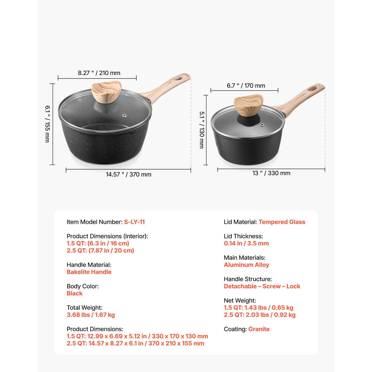 Saucepan Set, 1.5 QT & 2.5 QT Nonstick Saucepan with Glass Lids, Multipurpose Cooking Sauce Pots with Detachable Handles, Sauce Pan Kitchen Cooking Pot with Coating, Induction Compatible, Black