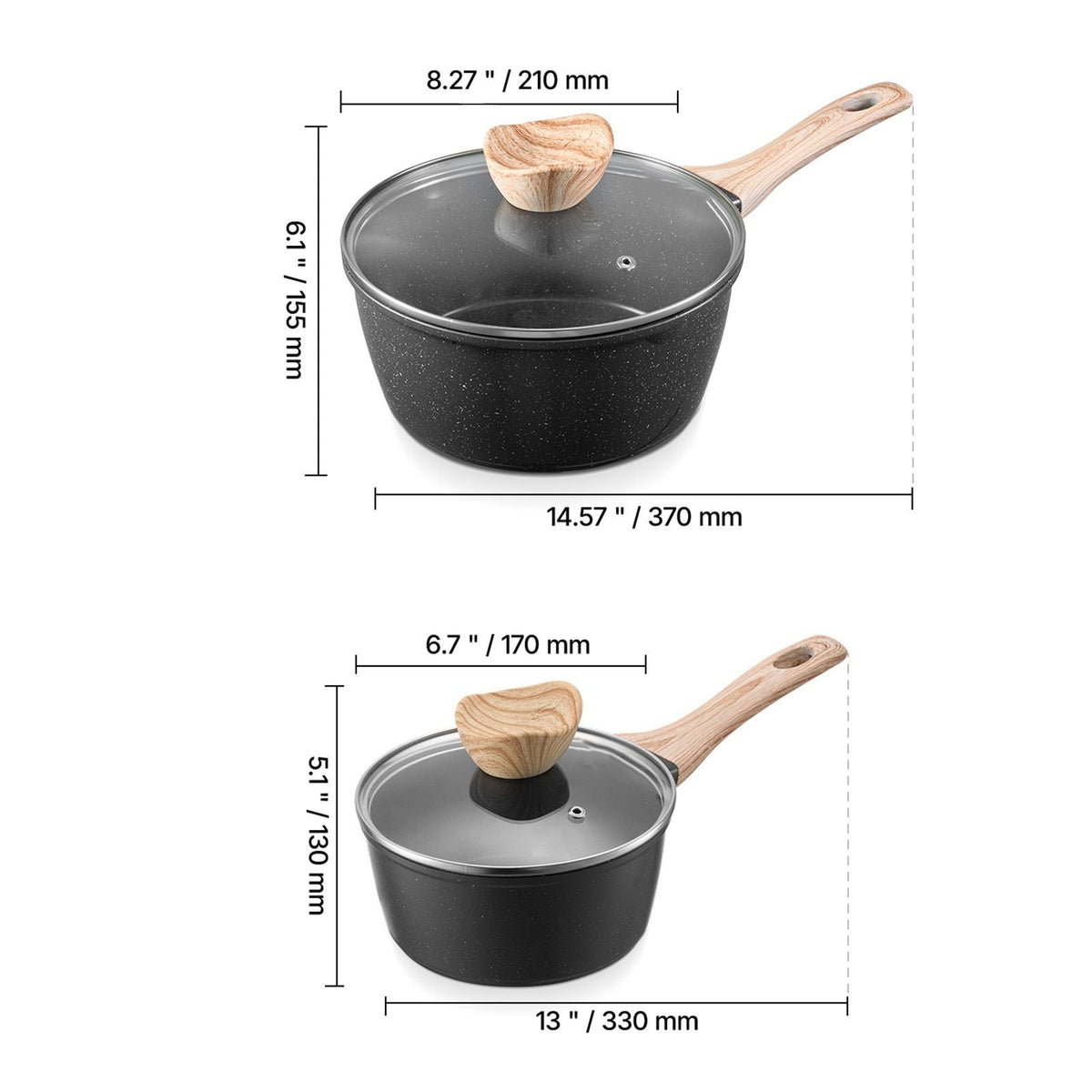 Saucepan Set, 1.5 QT & 2.5 QT Nonstick Saucepan with Glass Lids, Multipurpose Cooking Sauce Pots with Detachable Handles, Sauce Pan Kitchen Cooking Pot with Coating, Induction Compatible, Black