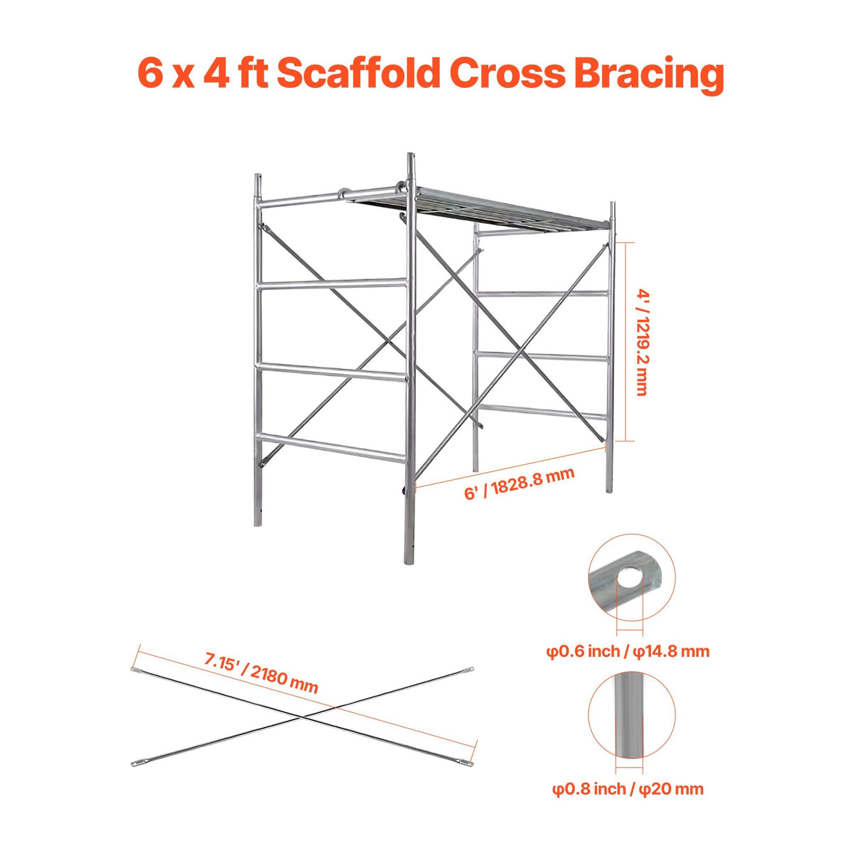 Scaffolding Cross Brace 6ft x 4ft, 4-Pack Solid Carbon Steel Scaffold Cross Supports, X-Shaped Scaffolding Safety Accessory with Rust-Proof & Corrosion-Proof Galvanized Surface, Silver