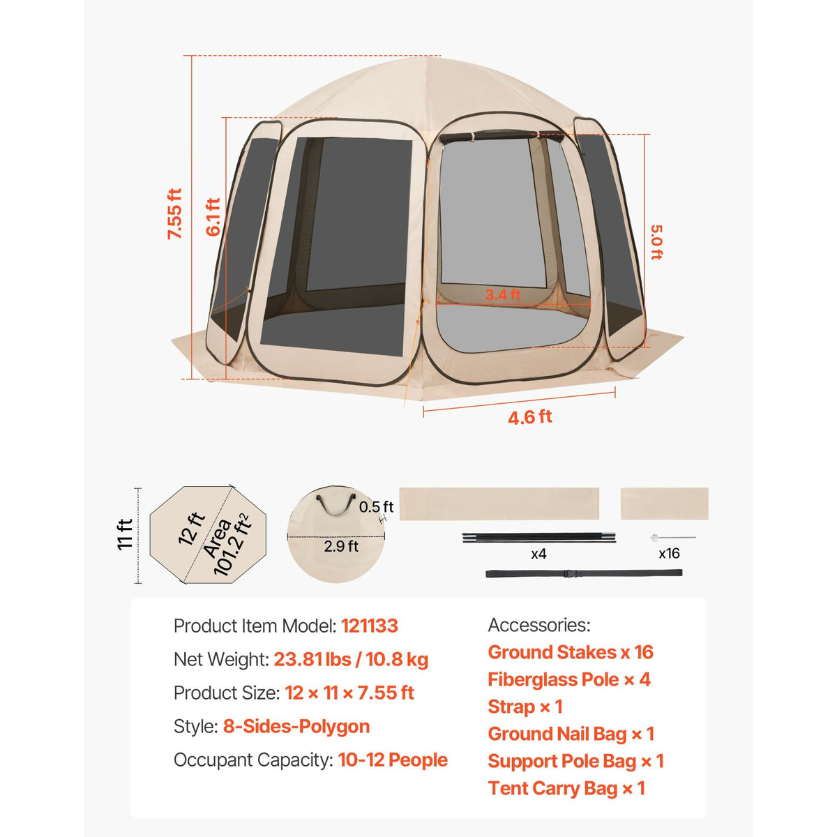Screen House Tent, 12 x 11 ft, 10-12 Person Pop Up Screen Tent, Portable Screened in Canopy with Carry Bag, Netting Sides, Ground Stakes, for Garden, Patio, Backyard, Outdoor Activities, Beige