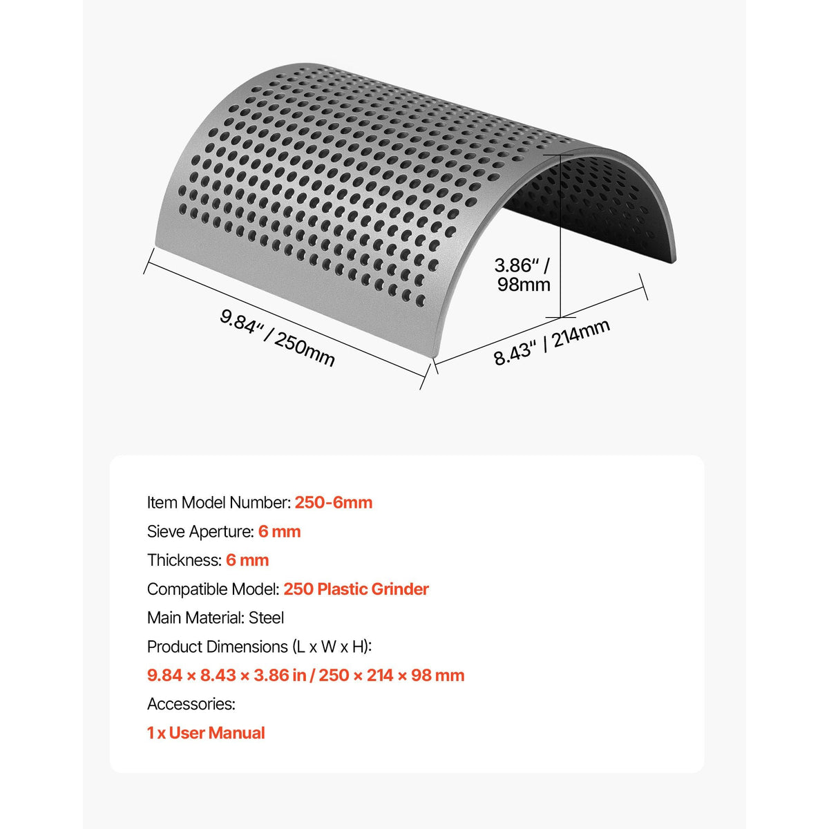 Screen Mesh for Plastic Shredder, High-Quality Steel Durable Mesh, 0.236 in/6 mm High-Precision Aperture Screen, Compatible with Model 250 Plastic Grinder, Suitable for Micro Particle Recycling