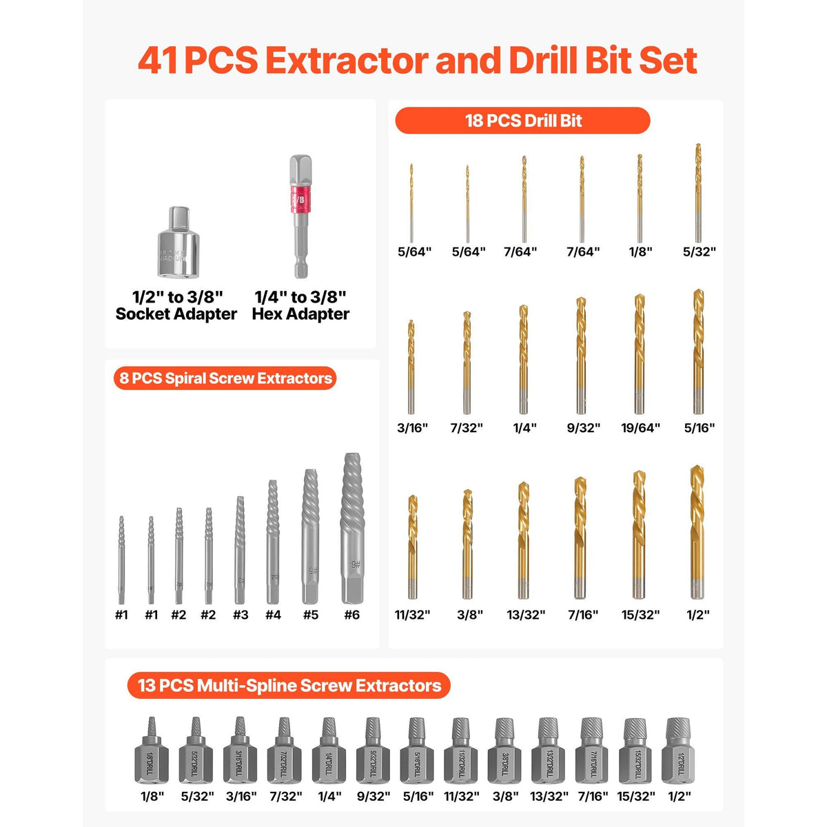 Screw Extractor Set with Drill Bits, 41 Pieces, Easy Out Bolt Extractors and Drill Bits, with Adapters, Solid Storage Case, Cr-Mo Steel for Removing Rounded, Broken, or Stripped Bolts, Screws