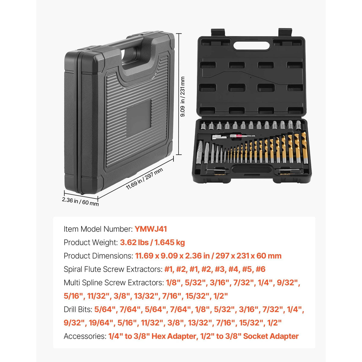 Screw Extractor Set with Drill Bits, 41 Pieces, Easy Out Bolt Extractors and Drill Bits, with Adapters, Solid Storage Case, Cr-Mo Steel for Removing Rounded, Broken, or Stripped Bolts, Screws