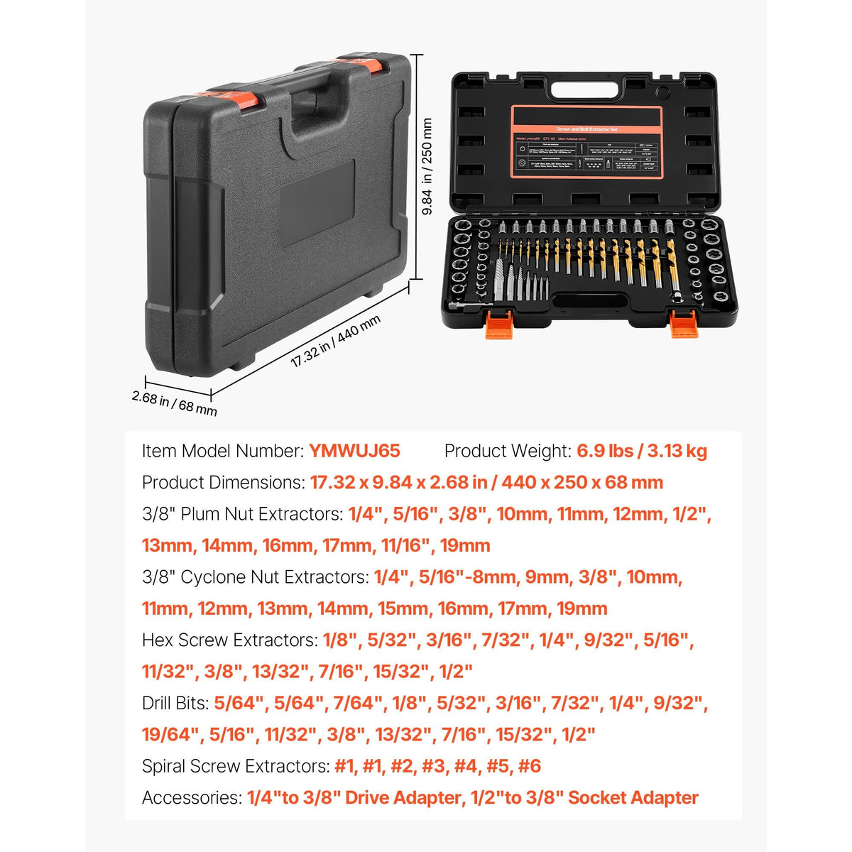 Screw Extractor Set with Drill Bits, 65 Pieces, Easy Out Nut Bolt Extractors and Drill Bits, with Adapters, Solid Storage Case, Cr-Mo Steel for Removing Rounded, Broken, or Stripped Fasteners