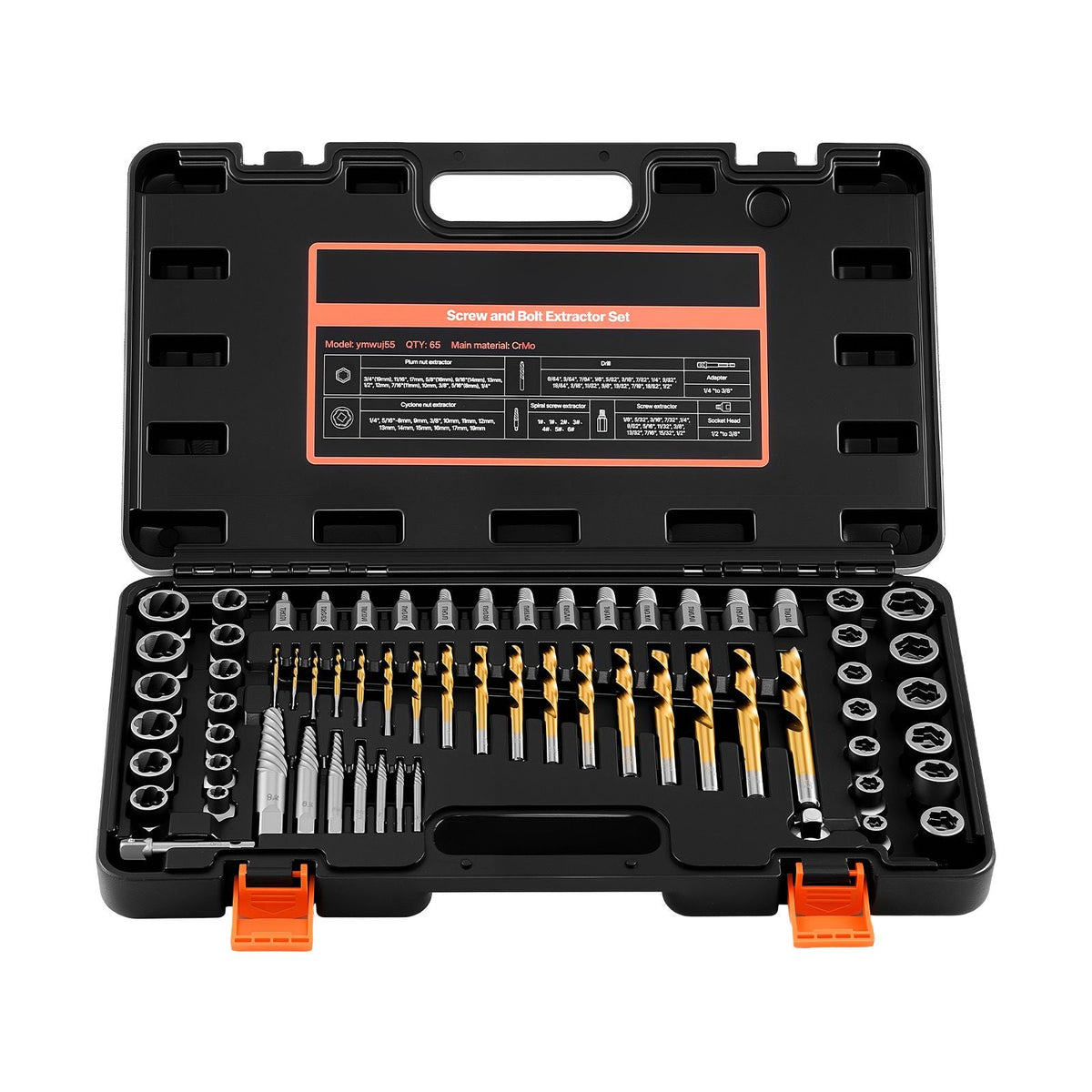 Screw Extractor Set with Drill Bits, 65 Pieces, Easy Out Nut Bolt Extractors and Drill Bits, with Adapters, Solid Storage Case, Cr-Mo Steel for Removing Rounded, Broken, or Stripped Fasteners