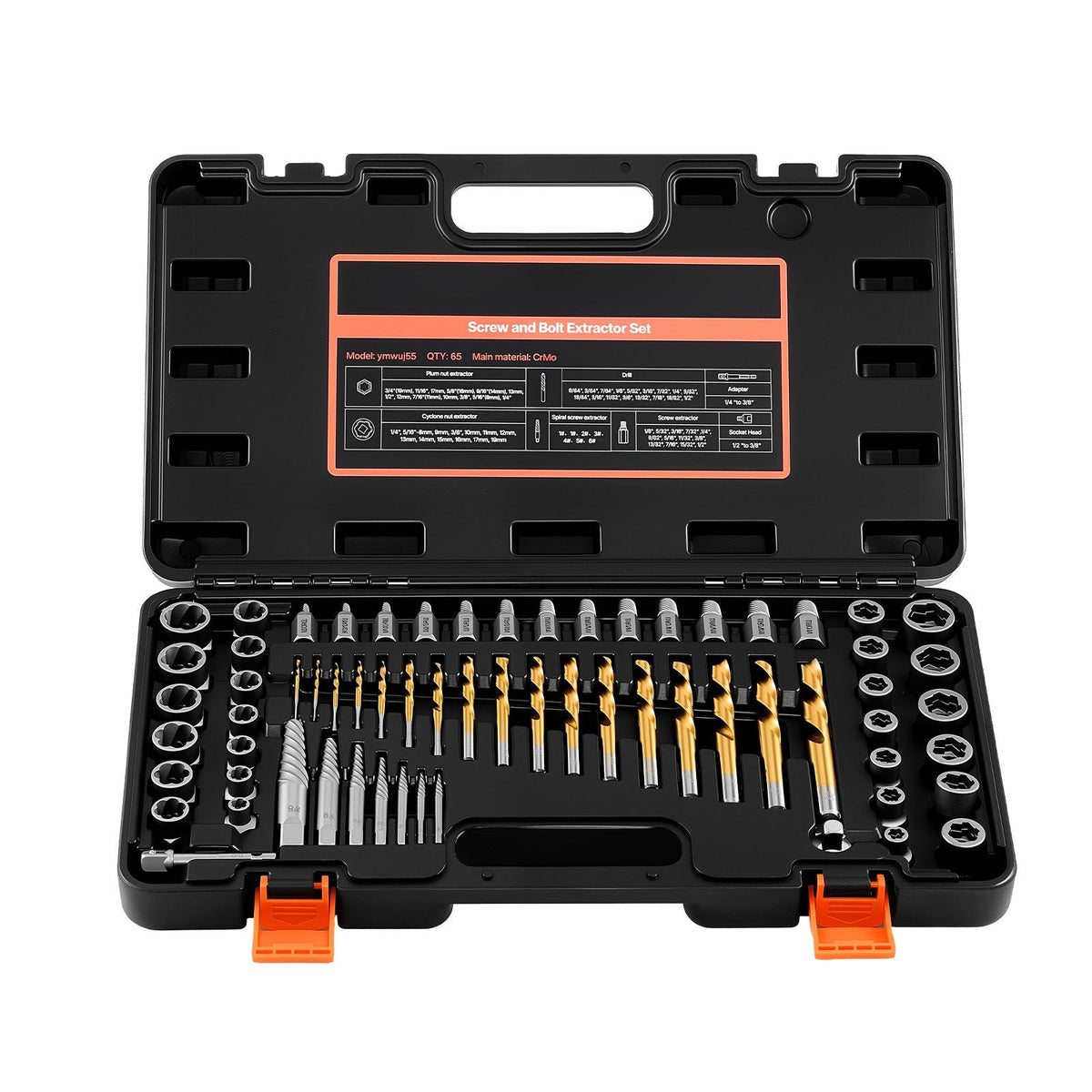 Screw Extractor Set with Drill Bits, 65 Pieces, Easy Out Nut Bolt Extractors and Drill Bits, with Adapters, Solid Storage Case, Cr-Mo Steel for Removing Rounded, Broken, or Stripped Fasteners