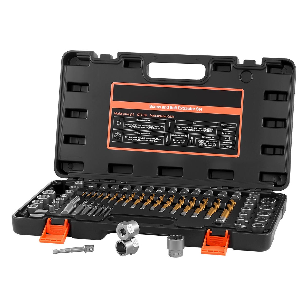 Screw Extractor Set with Drill Bits, 65 Pieces, Easy Out Nut Bolt Extractors and Drill Bits, with Adapters, Solid Storage Case, Cr-Mo Steel for Removing Rounded, Broken, or Stripped Fasteners