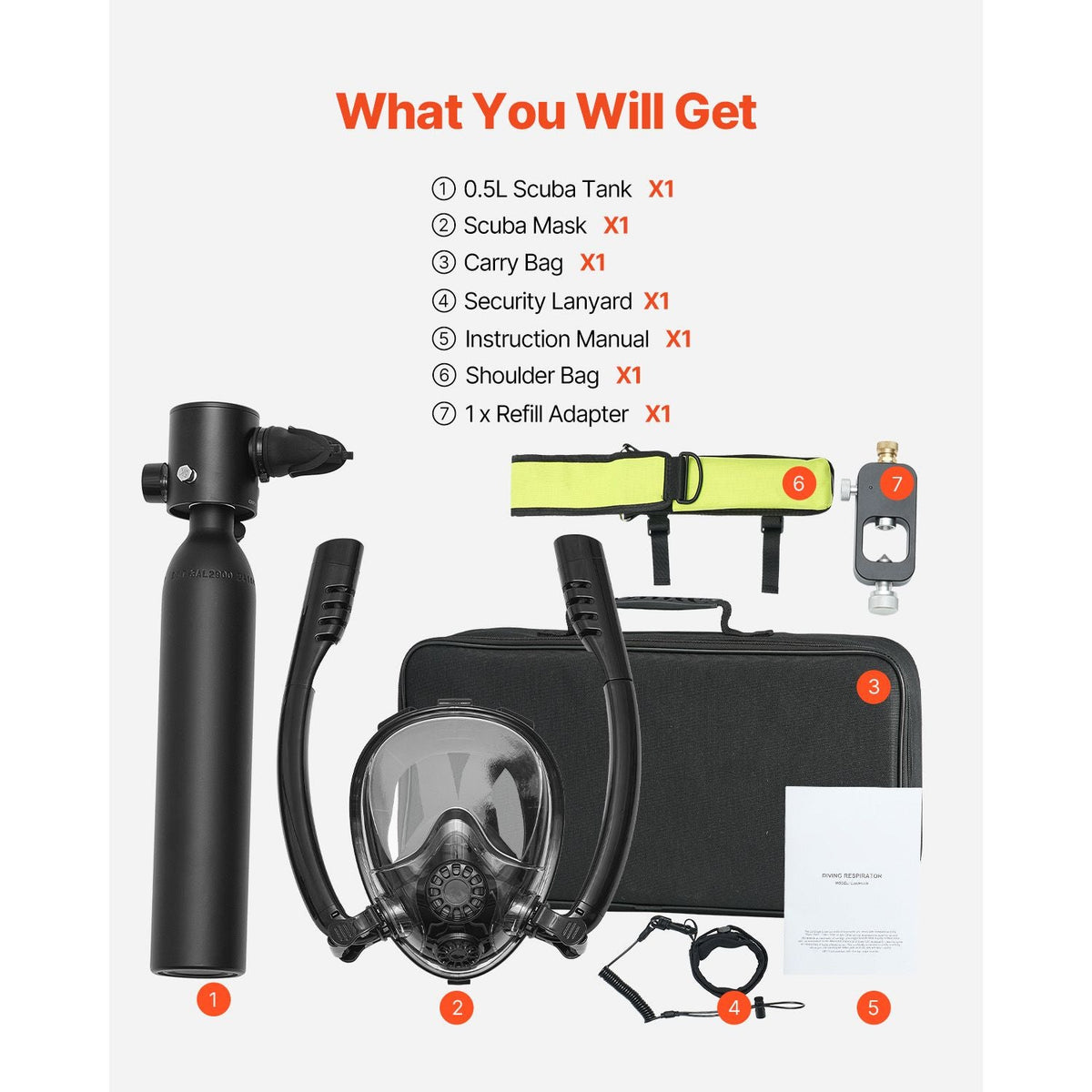 Scuba Tank, 0.5L Portable Diving Tank, Diving Oxygen Cylinder Support 5-10 Minutes Underwater Breathing, 32.81 ft Diving Depth, Refillable Snorkel Air Tank Kit for Underwater Exploration Rescue