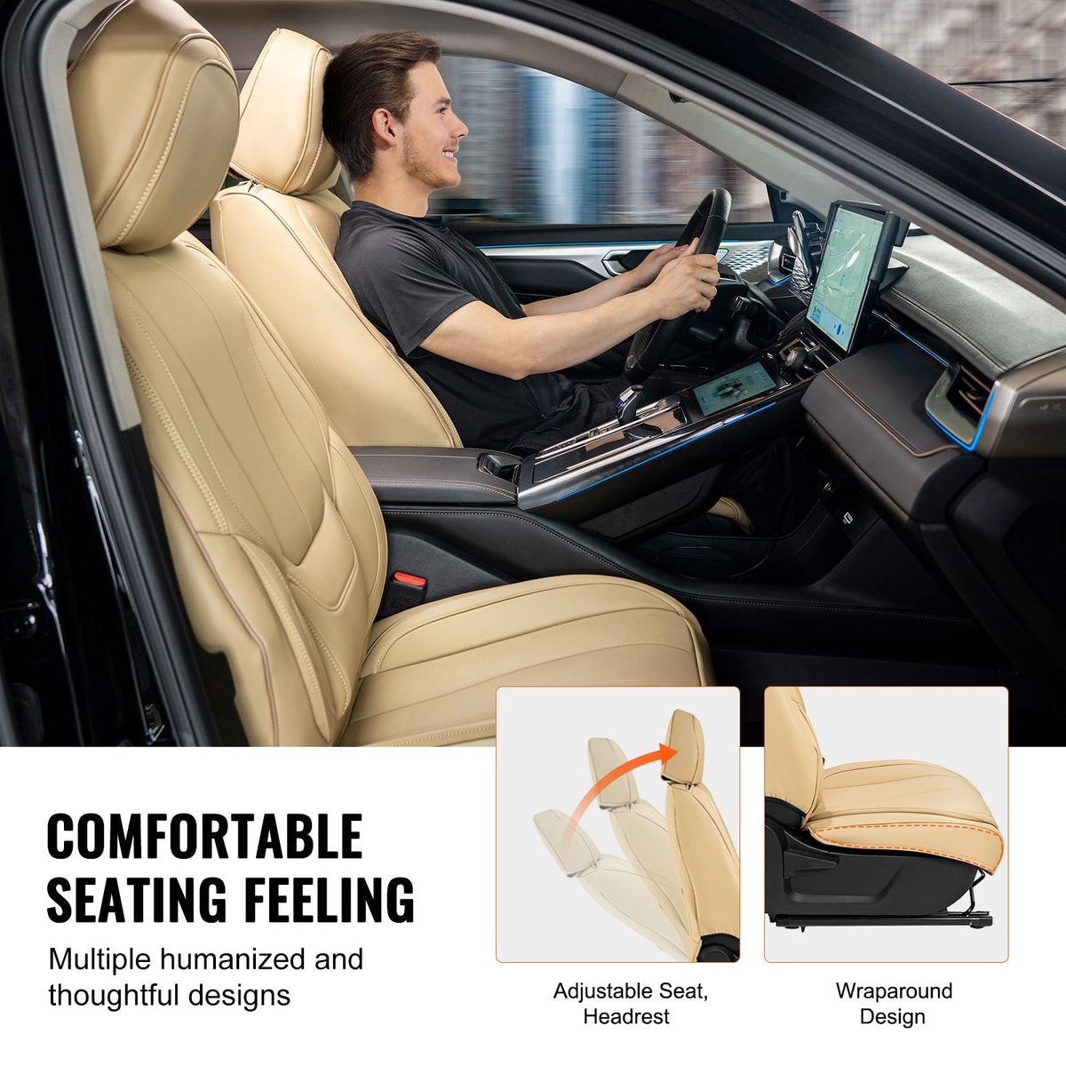 Seat Covers, Universal Car Seat Covers Front Seats, 6pcs Faux Leather Seat Cover, Full Enclosed Design, Detachable Headrest and Airbag Compatible, for Most Cars SUVs and Trucks Beige