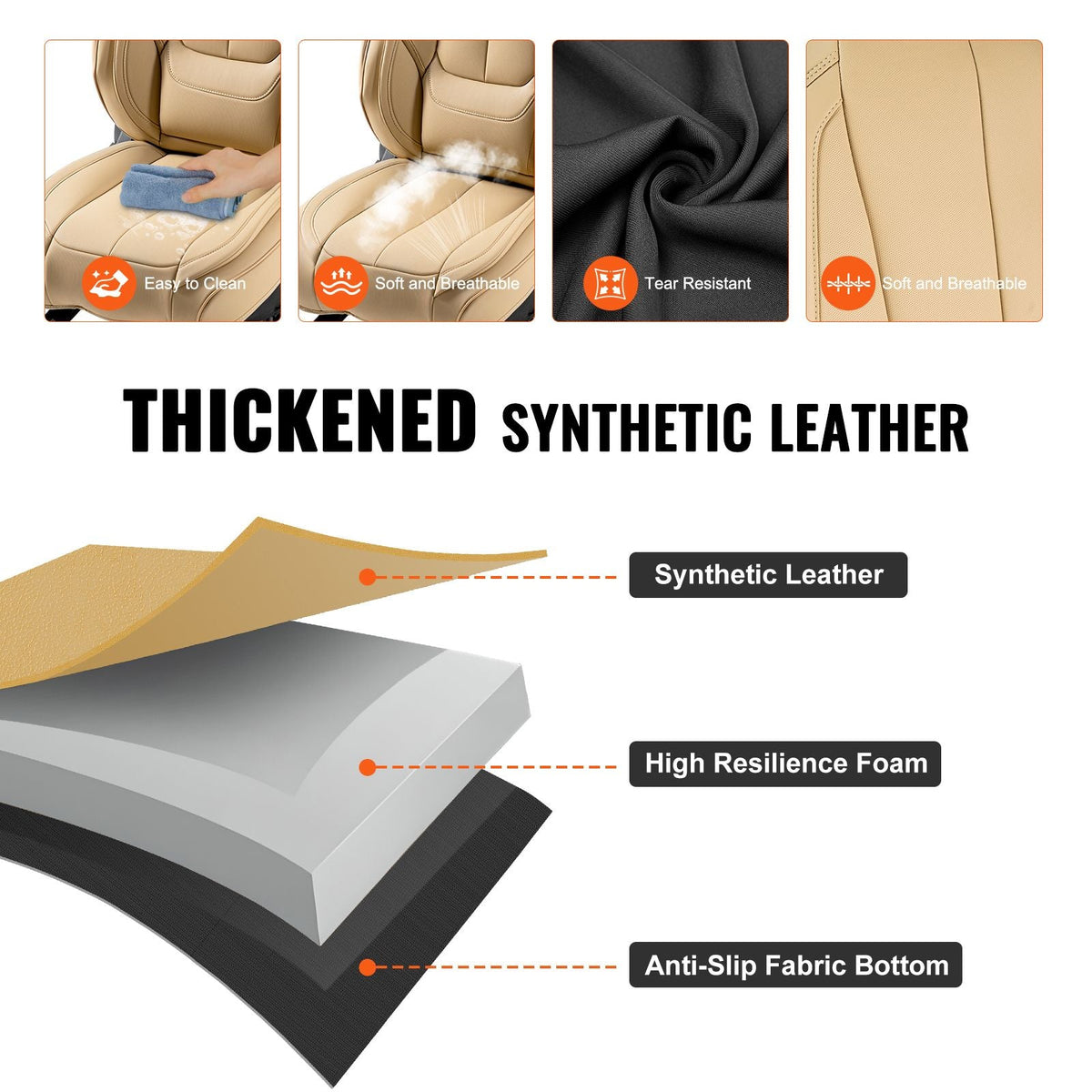 Seat Covers, Universal Car Seat Covers Front Seats, 6pcs Faux Leather Seat Cover, Full Enclosed Design, Detachable Headrest and Airbag Compatible, for Most Cars SUVs and Trucks Beige