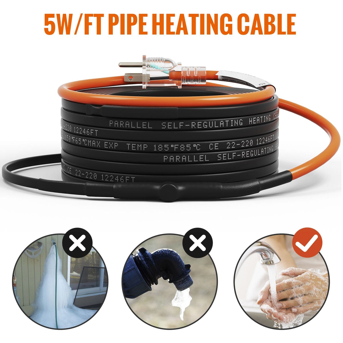 Self-Regulating Pipe Heating Cable, 120-feet 5W/ft Heat Tape for Pipes Freeze Protection, Protects PVC Hose, Metal and Plastic Pipe from Freezing, 120V
