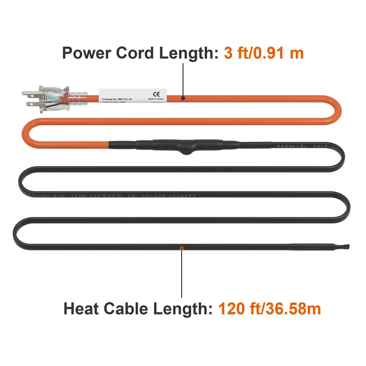 Self-Regulating Pipe Heating Cable, 120-feet 5W/ft Heat Tape for Pipes Freeze Protection, Protects PVC Hose, Metal and Plastic Pipe from Freezing, 120V