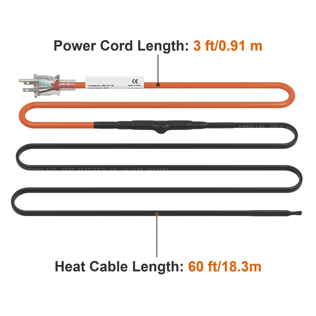 Self-Regulating Pipe Heating Cable, 60-feet 5W/ft Heat Tape for Pipes Freeze Protection, Protects PVC Hose, Metal and Plastic Pipe from Freezing, 120V
