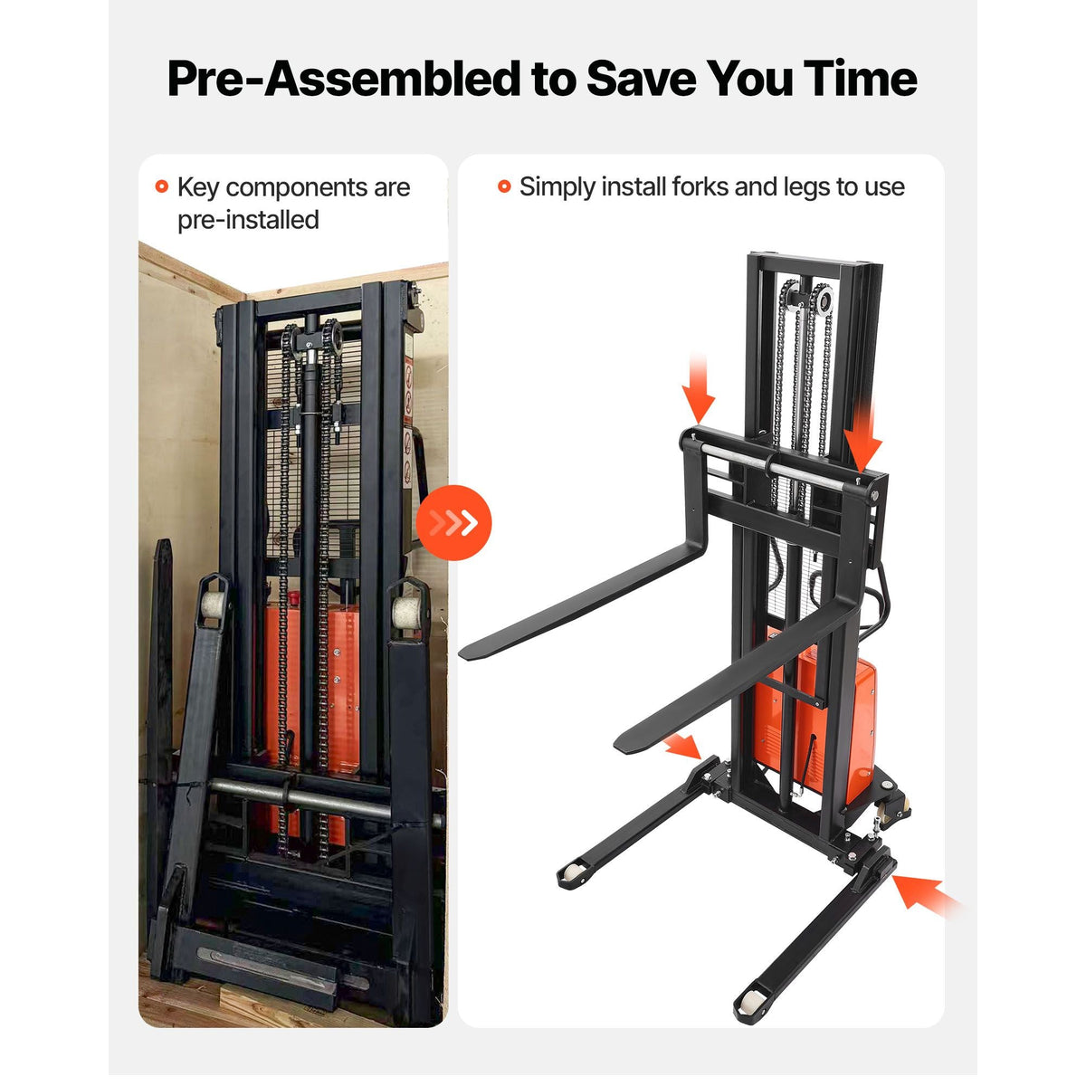 Semi Electric Pallet Stacker, 3300 lbs Load Capacity, Pallet Lift Stacker Forklift with Straddle Legs, 96.06 Inches Lifting Height & 8.3-33.86 Inches Adjustable Fork Width, Orange & Black