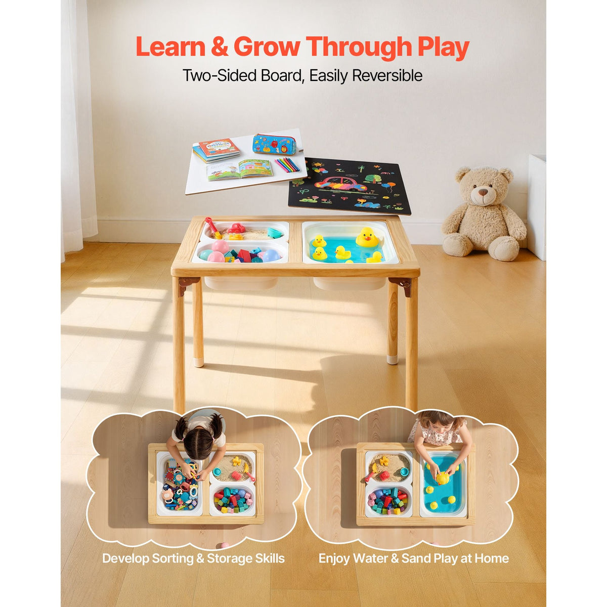 Sensory Table for Toddlers, Foldable Wooden Kids Activity Table with Double-Sided Board, Storage Bins, and Non-Slip Feet, for Boys and Girls Playing Sand and Water, Drawing, Studying, Dining