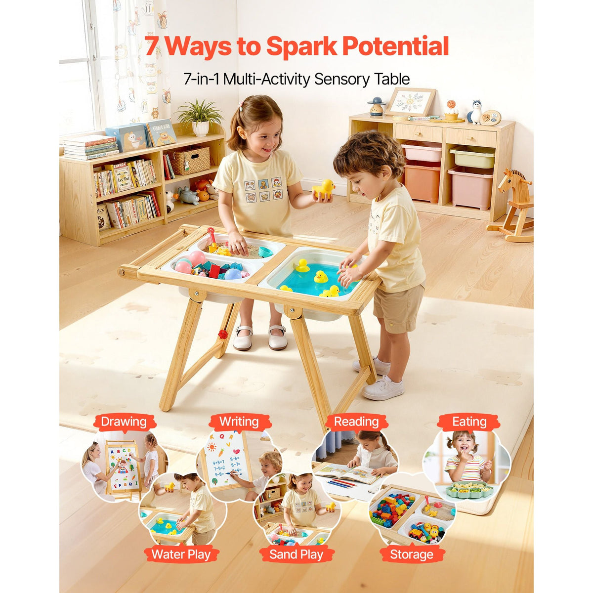 Sensory Table for Toddlers, Wooden Kids Activity Table and Art Easel with Reversible Double-Sided Board, Storage Bins, for Boys and Girls Playing Sand and Water, Drawing, Studying, Dining