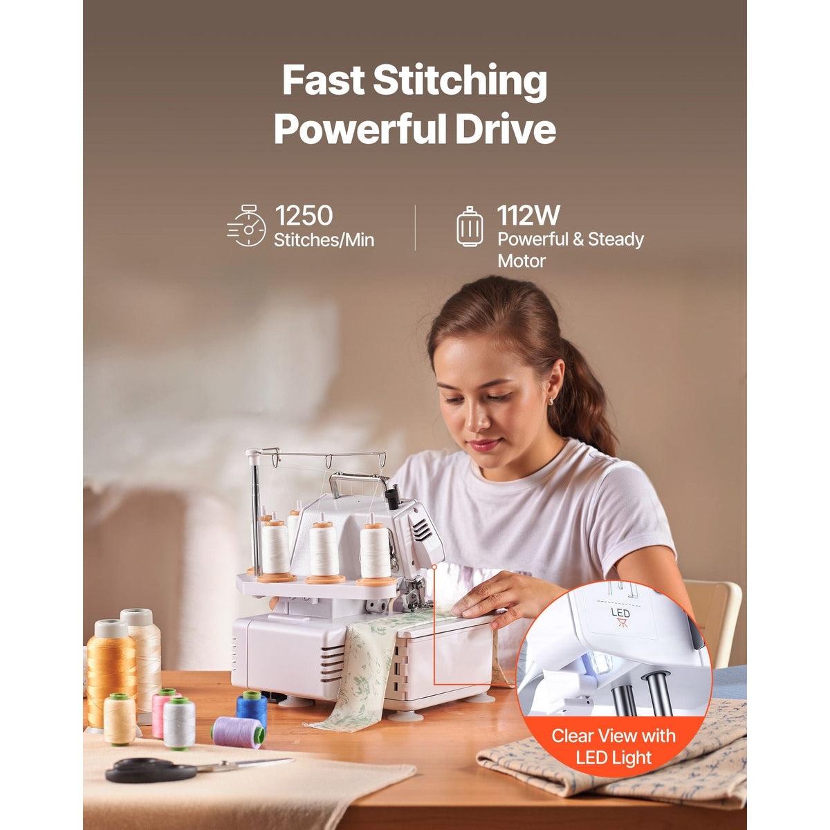 Serger Overlock Sewing Machine, 1250 Stitches Per Minute, 2-3-5 Thread Capability, with LED Light and Strong Suction Feet, Heavy-Duty Metal Frame Sewing Machine for Various Fabrics, White