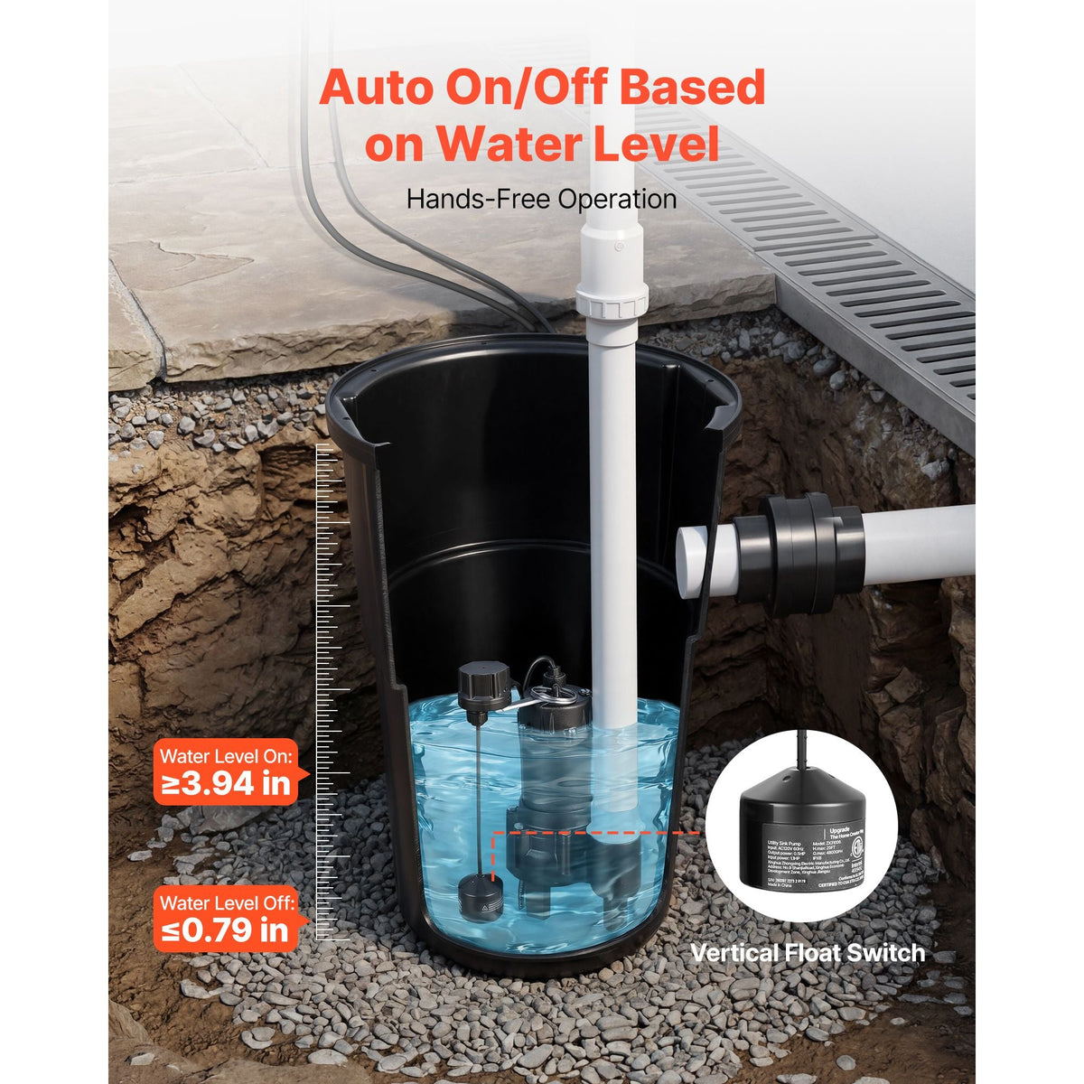 Sewage Pump System, 1/2 HP, 4800 GPH Cast Iron Sewage Pump with Basin Kit, 120 Volt Automatic Outdoor Water/Seepage Collection and Removal System with Vertical Float Switch, 2" Discharge, Black