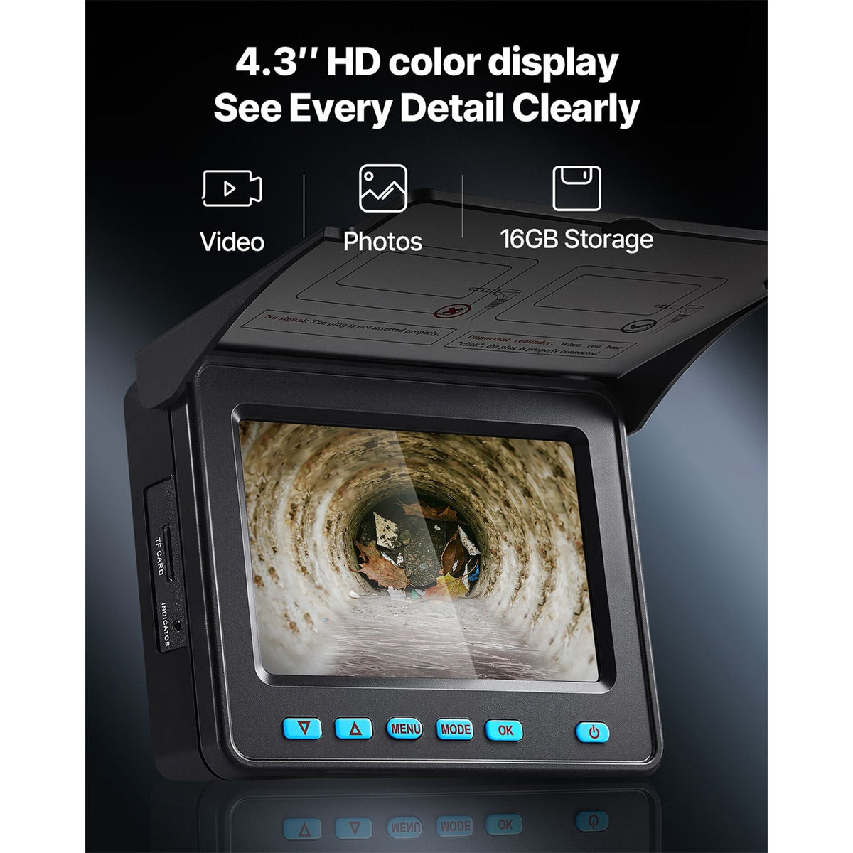 Sewer Camera, 164 ft/50m, Self-Leveling Drain Inspection Camera with 4.3" 1080P HD Screen, IP68 Waterproof Snake Plumbing Camera with Lights - 12 LEDs & 16GB Card for Sewer Line Duct Pipe