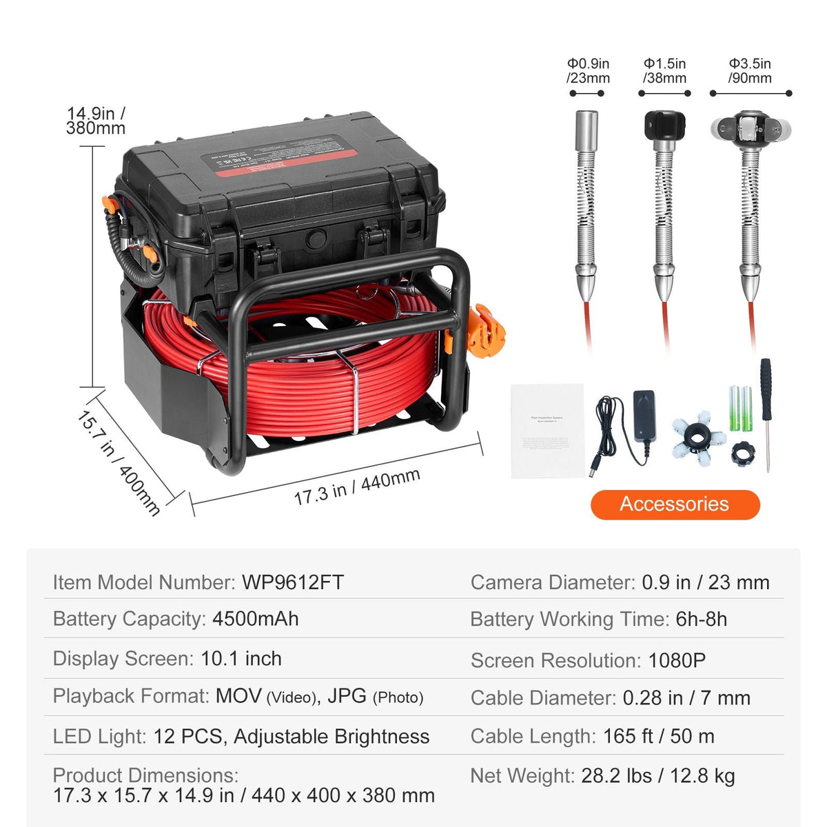 Sewer Camera, 165 ft/50m, Self-Leveling Drain Camera with 10.1" Touchscreen, 512Hz Transmitter & Distance Counter, IP67 Snake Plumbing Camera with Lights-12 LED, 32GB Card for Duct Pipe