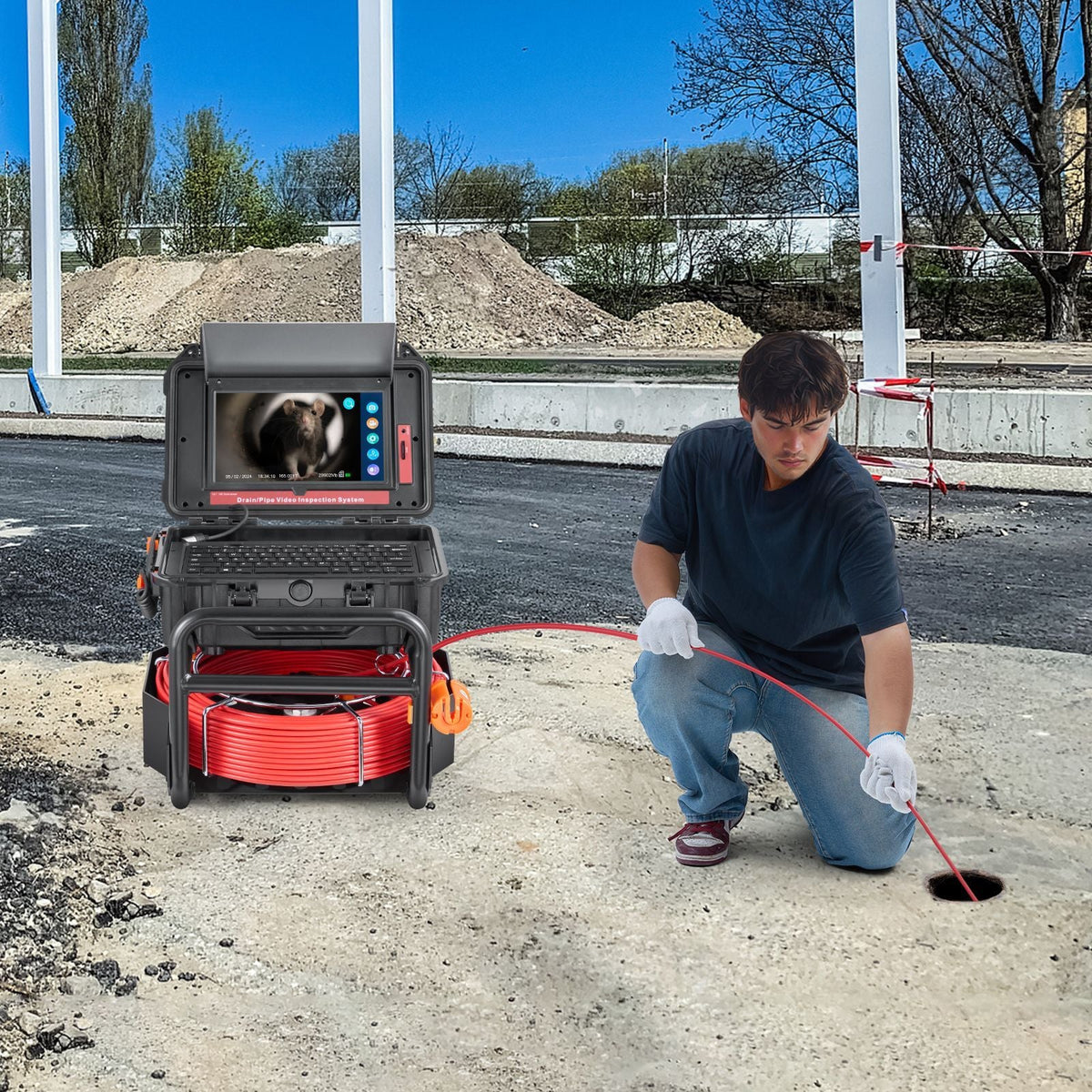 Sewer Camera, 165 ft/50m, Self-Leveling Drain Camera with 10.1" Touchscreen, 512Hz Transmitter & Distance Counter, IP67 Snake Plumbing Camera with Lights-12 LED, 32GB Card for Duct Pipe
