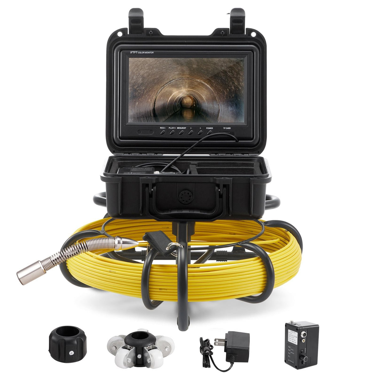 Sewer Camera, 230 ft/70 m, 9" Screen Pipeline Inspection Camera with DVR Function, Waterproof IP68 Camera with 12 Adjustable LEDs, with a 16GB SD Card, for Sewer Line, Home, Duct Drain Pipe Plum