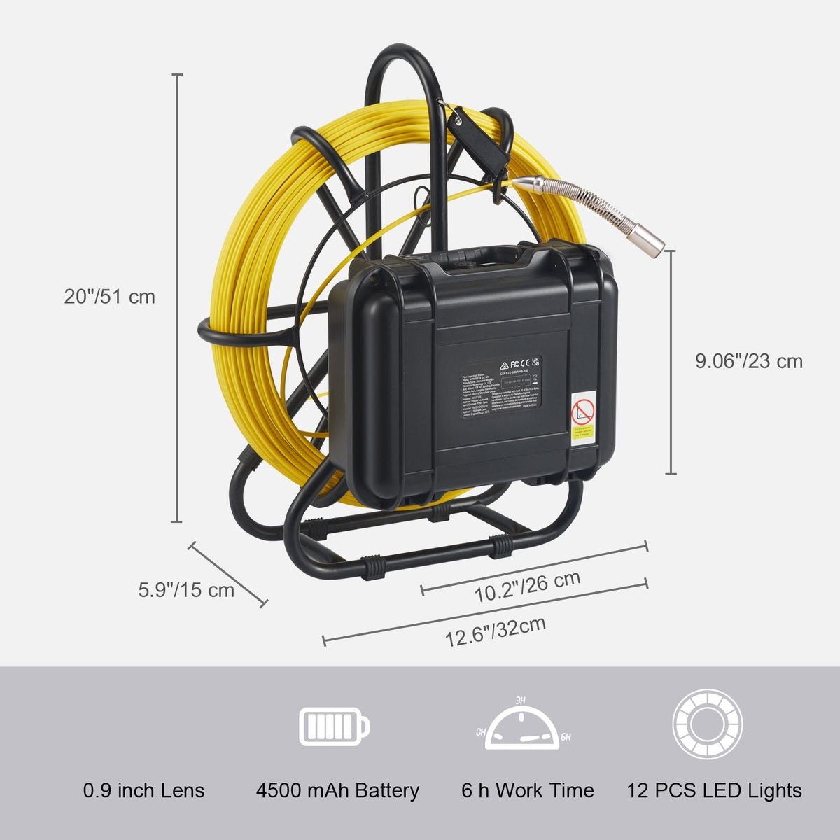 Sewer Camera, 230 ft/70 m, 9" Screen Pipeline Inspection Camera with DVR Function, Waterproof IP68 Camera with 12 Adjustable LEDs, with a 16GB SD Card, for Sewer Line, Home, Duct Drain Pipe Plum
