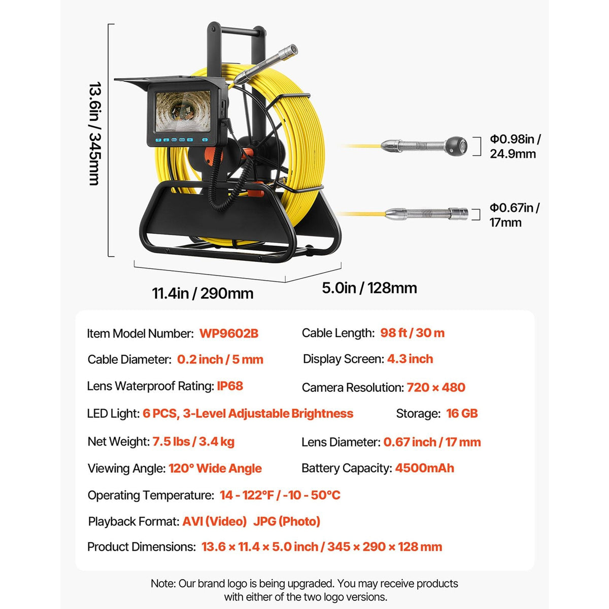 Sewer Camera, 98 ft/30m, 4.3" Drain Inspection Camera, IP68 Waterproof Snake Plumbing Camera with Lights - 6 Adjustable LEDs, 4500mAh Battery & 16GB Card for Sewer Line Duct Pipes