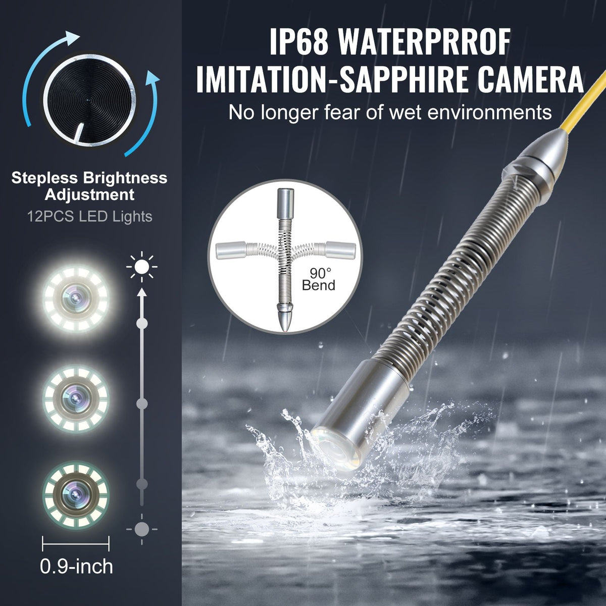 Sewer Camera with 512Hz Locator, 165 ft/50 m, 9" Drain Inspection Camera with Self-Leveling, 36X Zoom, Plumbing Camera with Lights-12 LED, 32GB Card, IP68 Waterproof Snake Camera for Duct Pipe