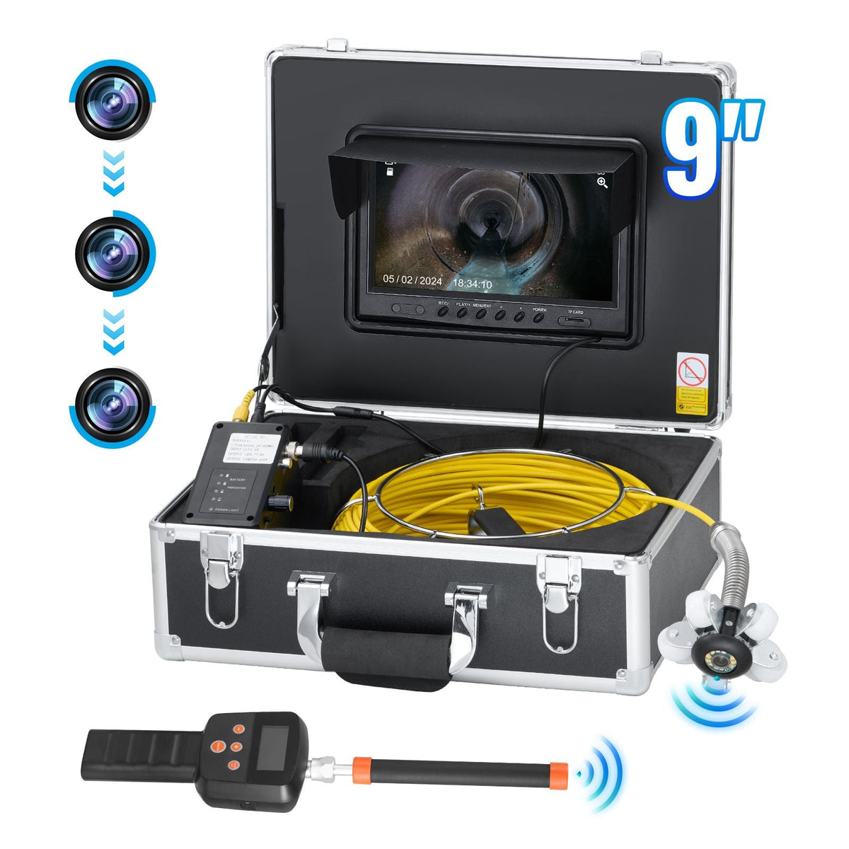 Sewer Camera with 512Hz Locator, 165 ft/50 m, 9" Drain Inspection Camera with Self-Leveling, 36X Zoom, Plumbing Camera with Lights-12 LED, 32GB Card, IP68 Waterproof Snake Camera for Duct Pipe
