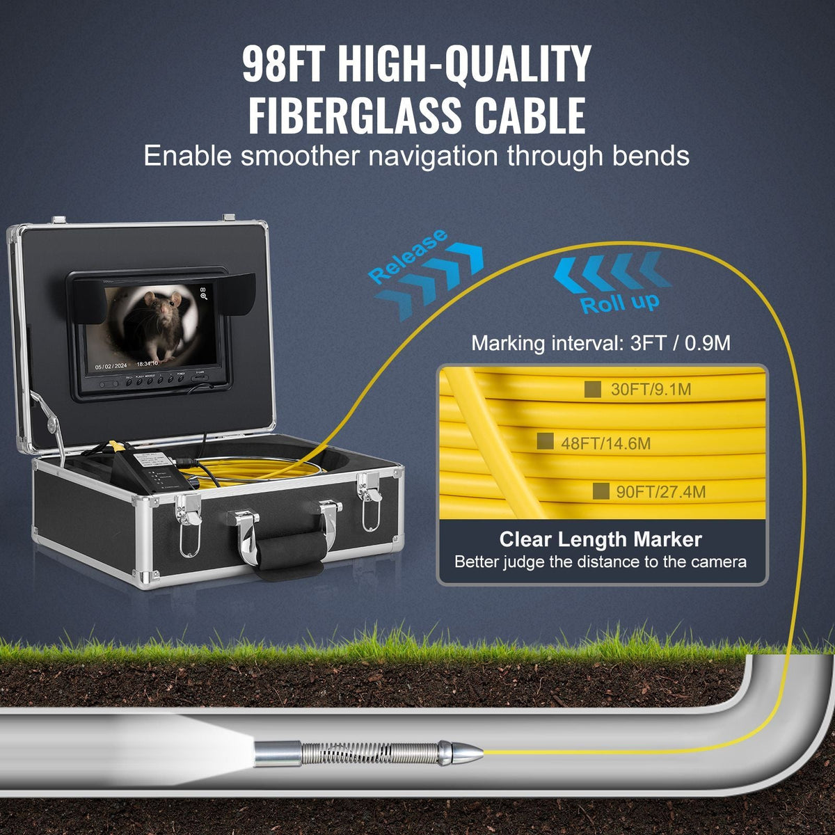 Sewer Camera with 512Hz Locator, 98 ft/30 m, 9" Drain Inspection Camera with Self-Leveling, 36X Zoom, Plumbing Camera with Lights-12 LED, 32GB Card, IP68 Waterproof Snake Camera for Duct Pipe