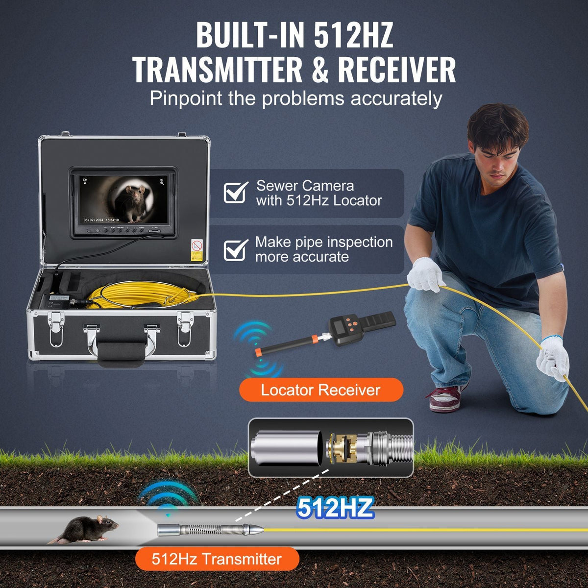 Sewer Camera with 512Hz Locator, 98 ft/30 m, 9" Drain Inspection Camera with Self-Leveling, 36X Zoom, Plumbing Camera with Lights-12 LED, 32GB Card, IP68 Waterproof Snake Camera for Duct Pipe