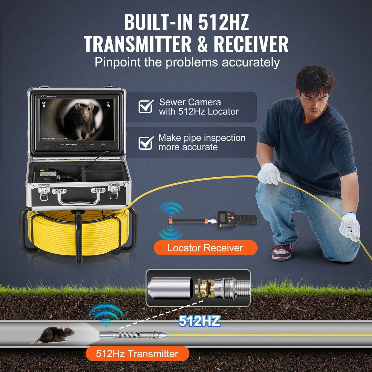 Sewer Camera with 512Hz Locator,165 ft/50 m, Self-Leveling Drain Inspection Camera with 9" 1080P HD Screen, 36X Zoom, Snake Plumbing Camera with Lights-12 LED, 32GB SD Card for Duct Pipe