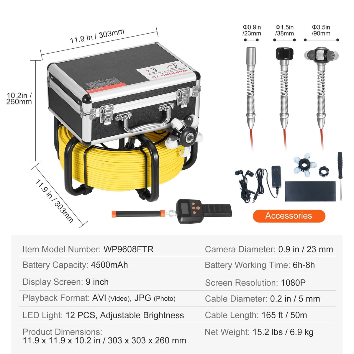 Sewer Camera with 512Hz Locator,165 ft/50 m, Self-Leveling Drain Inspection Camera with 9" 1080P HD Screen, 36X Zoom, Snake Plumbing Camera with Lights-12 LED, 32GB SD Card for Duct Pipe