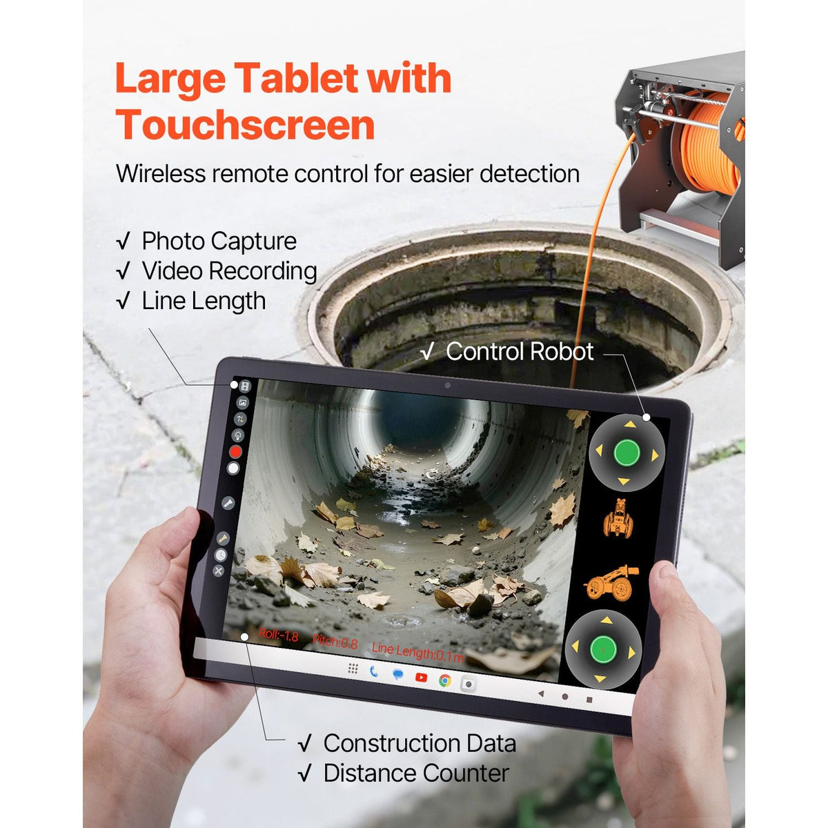 Sewer Pipe Inspection Robot, 394FT Pipeline Detection Crawling Robot with 2MP Front/Rear Cameras & Touchscreen Tablet, IP68 Plumbing Camera with Lights & Distance Counter for Industrial Pipes