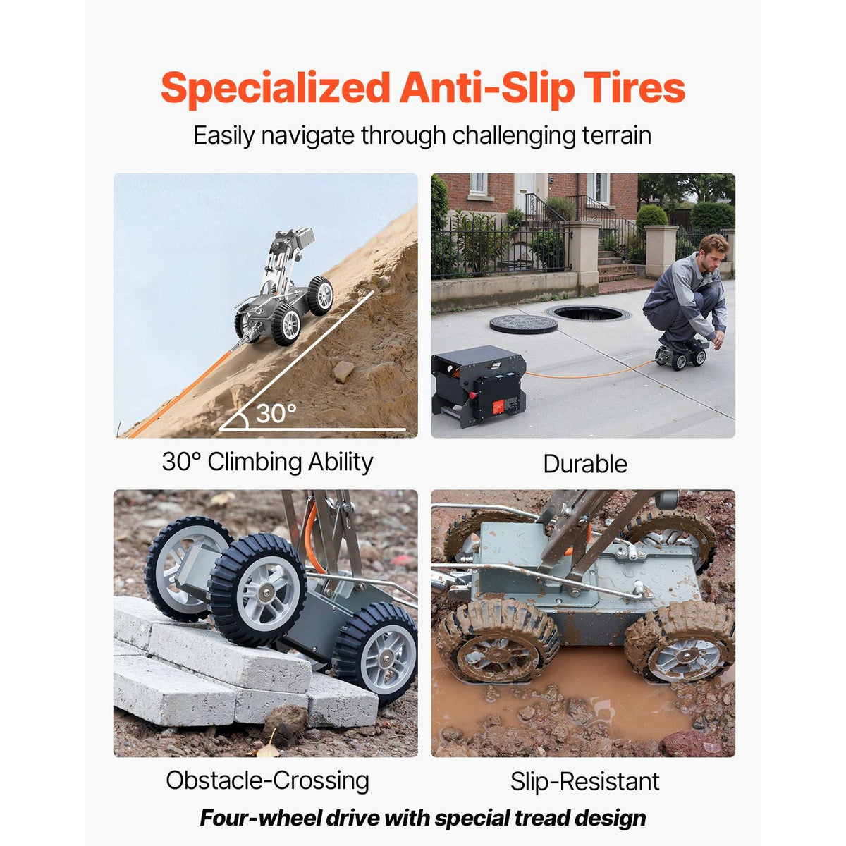 Sewer Pipe Inspection Robot, 394FT Pipeline Detection Crawling Robot with 2MP Front/Rear Cameras & Touchscreen Tablet, IP68 Plumbing Camera with Lights & Distance Counter for Industrial Pipes