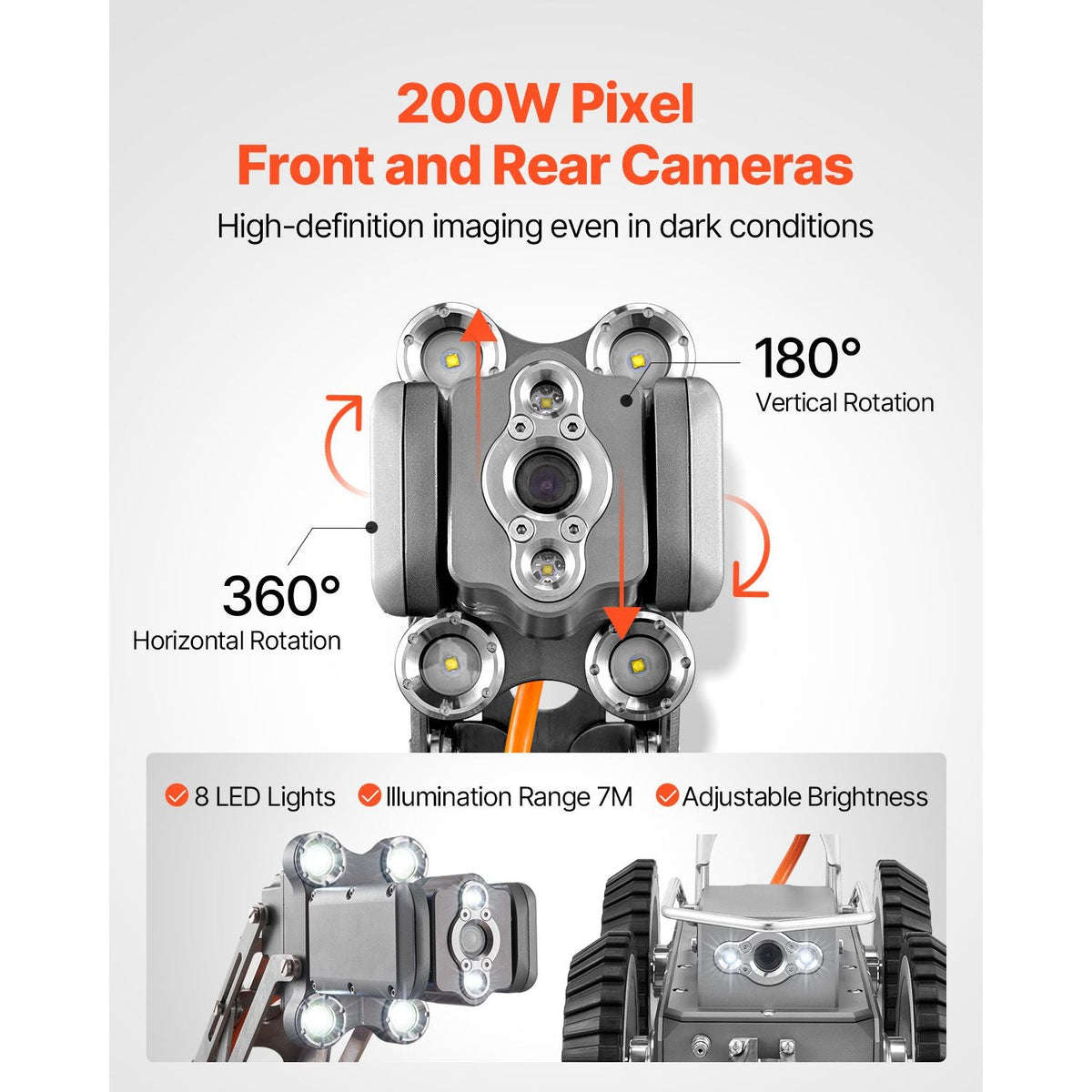 Sewer Pipe Inspection Robot, 394FT Pipeline Detection Crawling Robot with 2MP Front/Rear Cameras & Touchscreen Tablet, IP68 Plumbing Camera with Lights & Distance Counter for Industrial Pipes