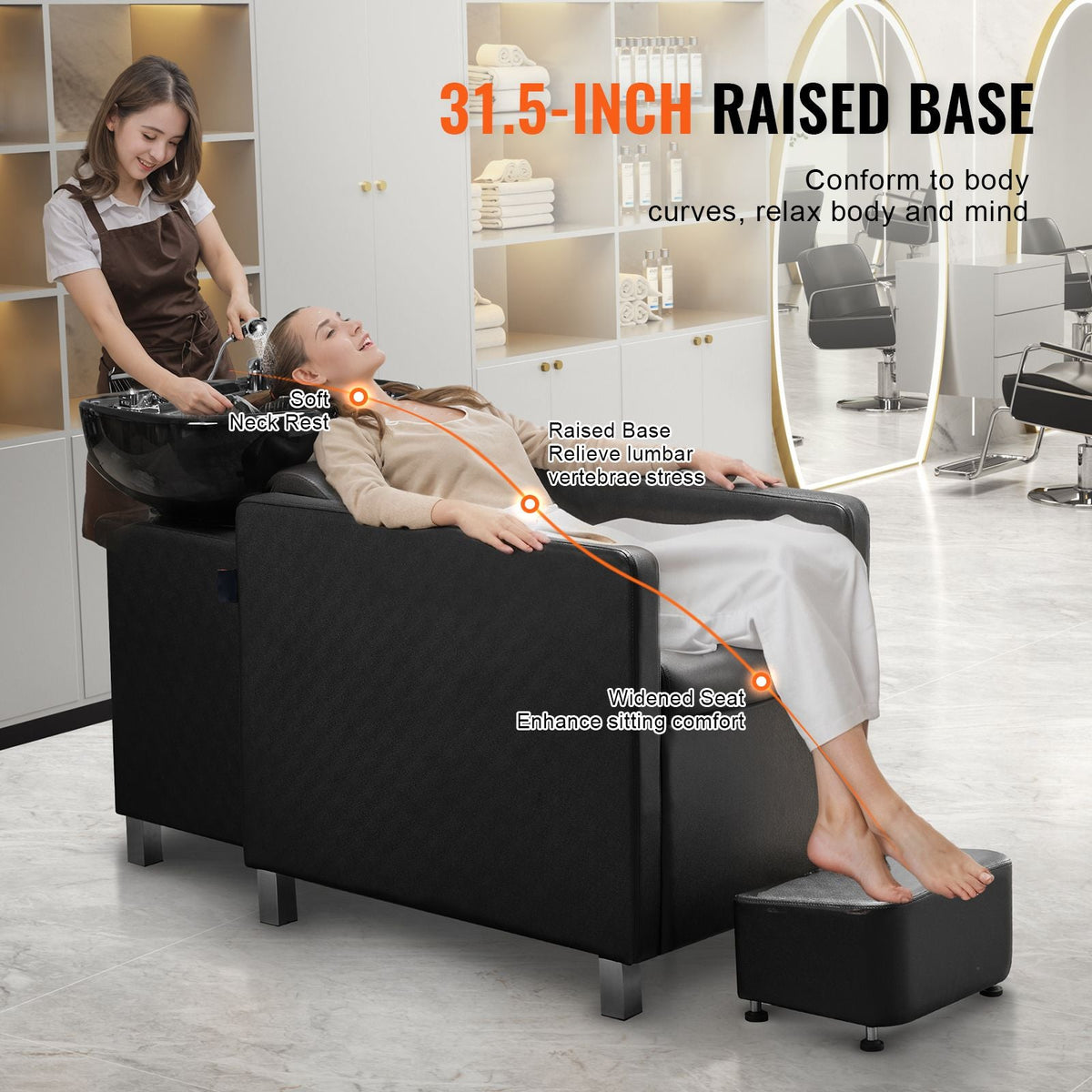 Shampoo Backwash Chair, 661.4LBS Loading Salon & Spa Hair Washing Station, Backwash Barber Shampoo Bowl and Chair, Beauty Spa Massage Hairdressing Equipment with Wide Footrest and Ceramic Bowl